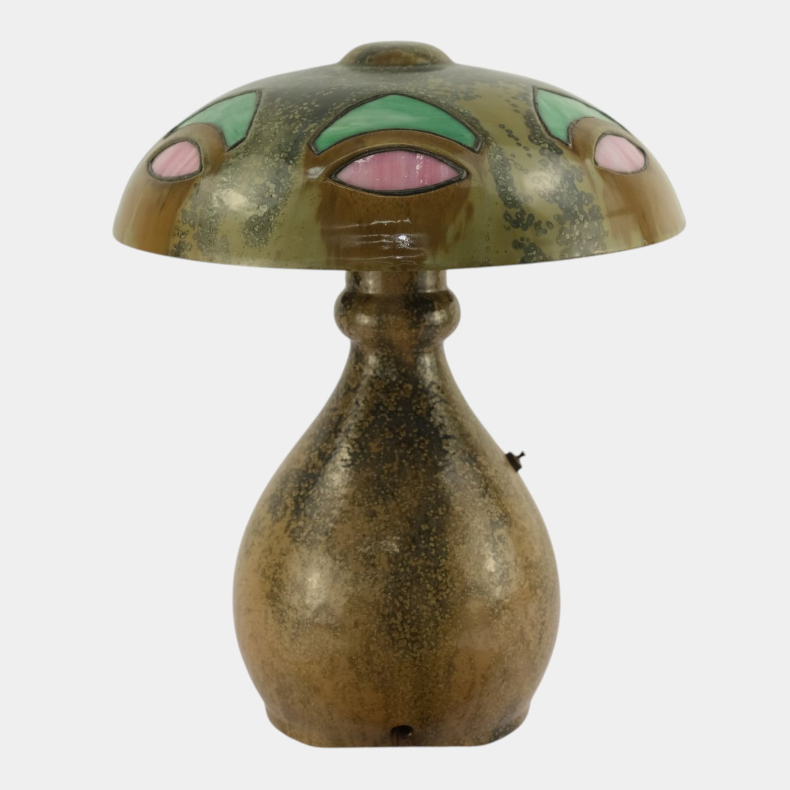 Fulper 1909-1917 Arts And Crafts Pottery Brown Crystalline Glaze Lamp & Green Pink Stained Glass - 3