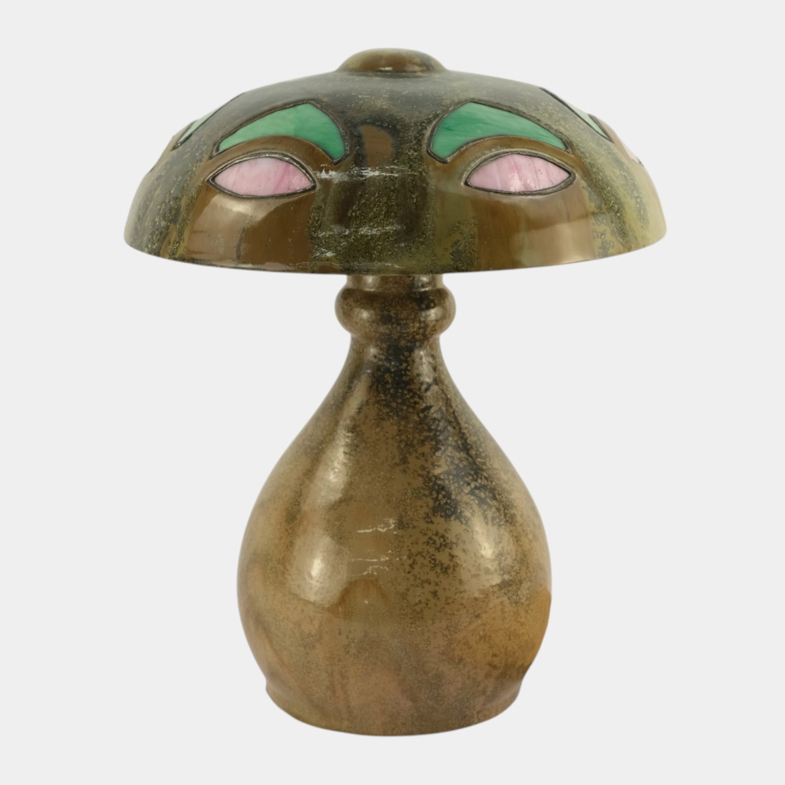 Fulper 1909-1917 Arts And Crafts Pottery Brown Crystalline Glaze Lamp & Green Pink Stained Glass - 4