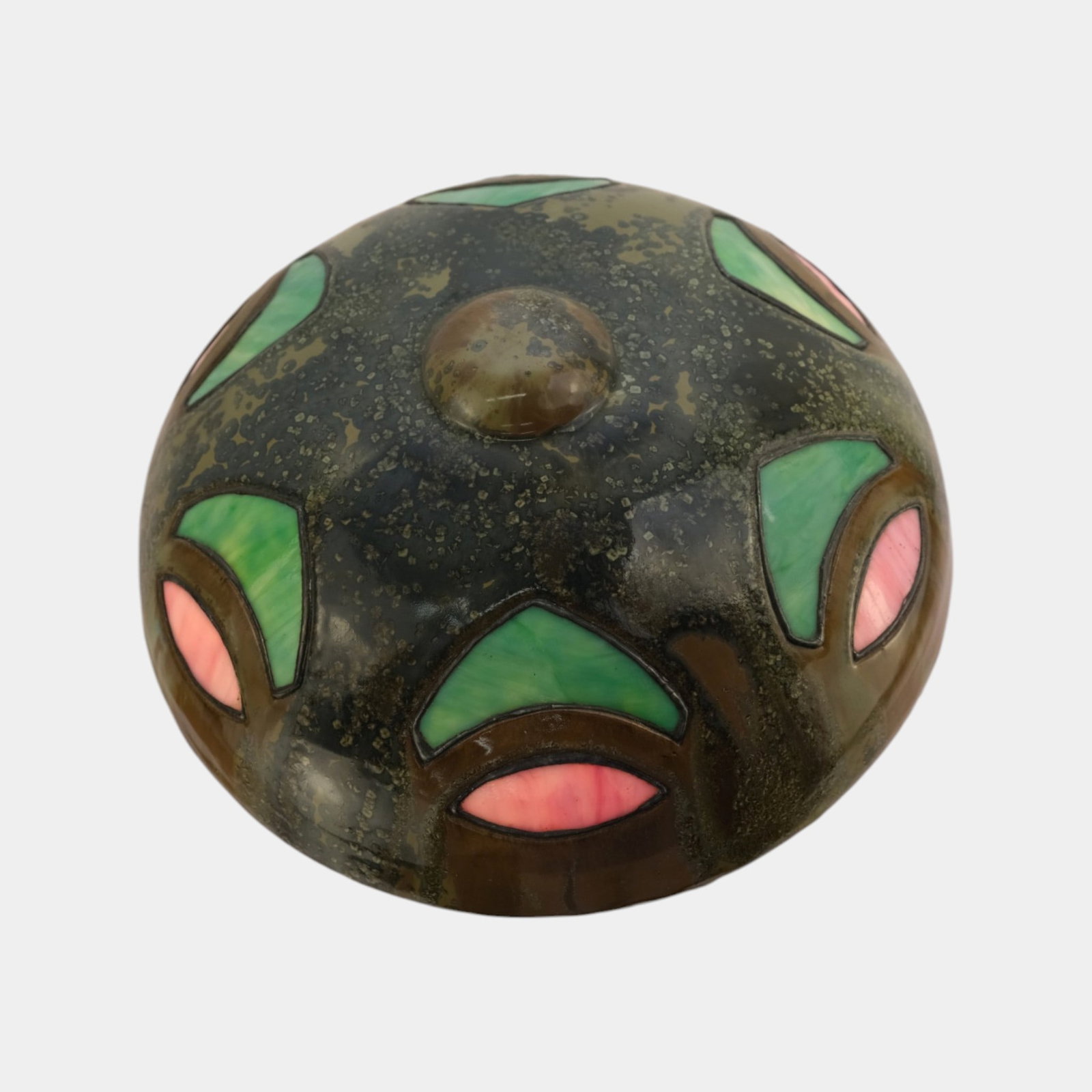 Fulper 1909-1917 Arts And Crafts Pottery Brown Crystalline Glaze Lamp & Green Pink Stained Glass - 5