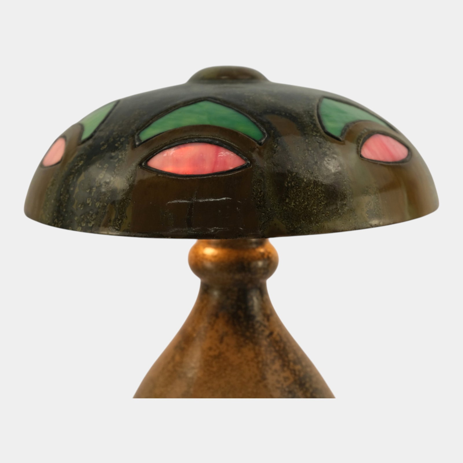 Fulper 1909-1917 Arts And Crafts Pottery Brown Crystalline Glaze Lamp & Green Pink Stained Glass - 6