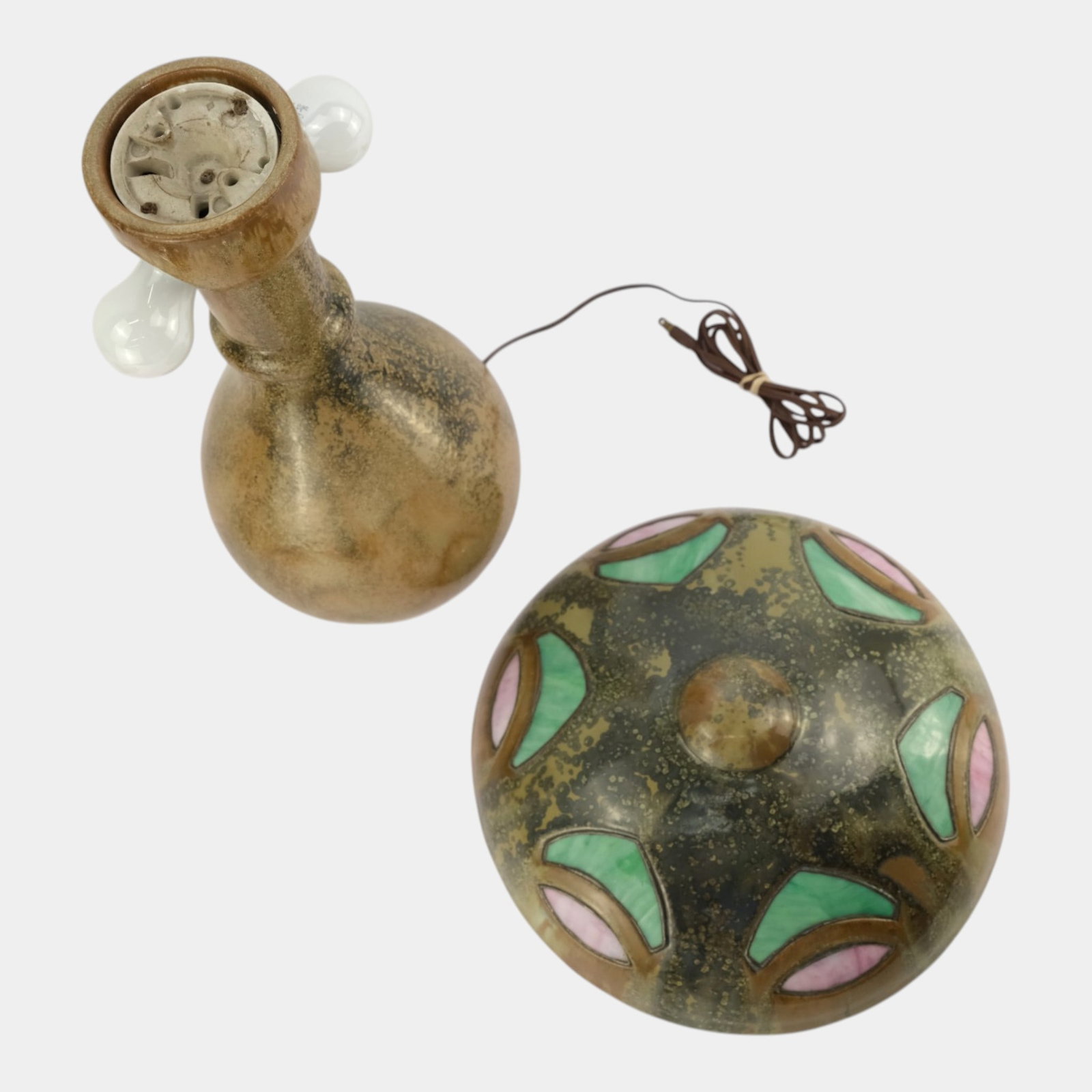 Fulper 1909-1917 Arts And Crafts Pottery Brown Crystalline Glaze Lamp & Green Pink Stained Glass - 7