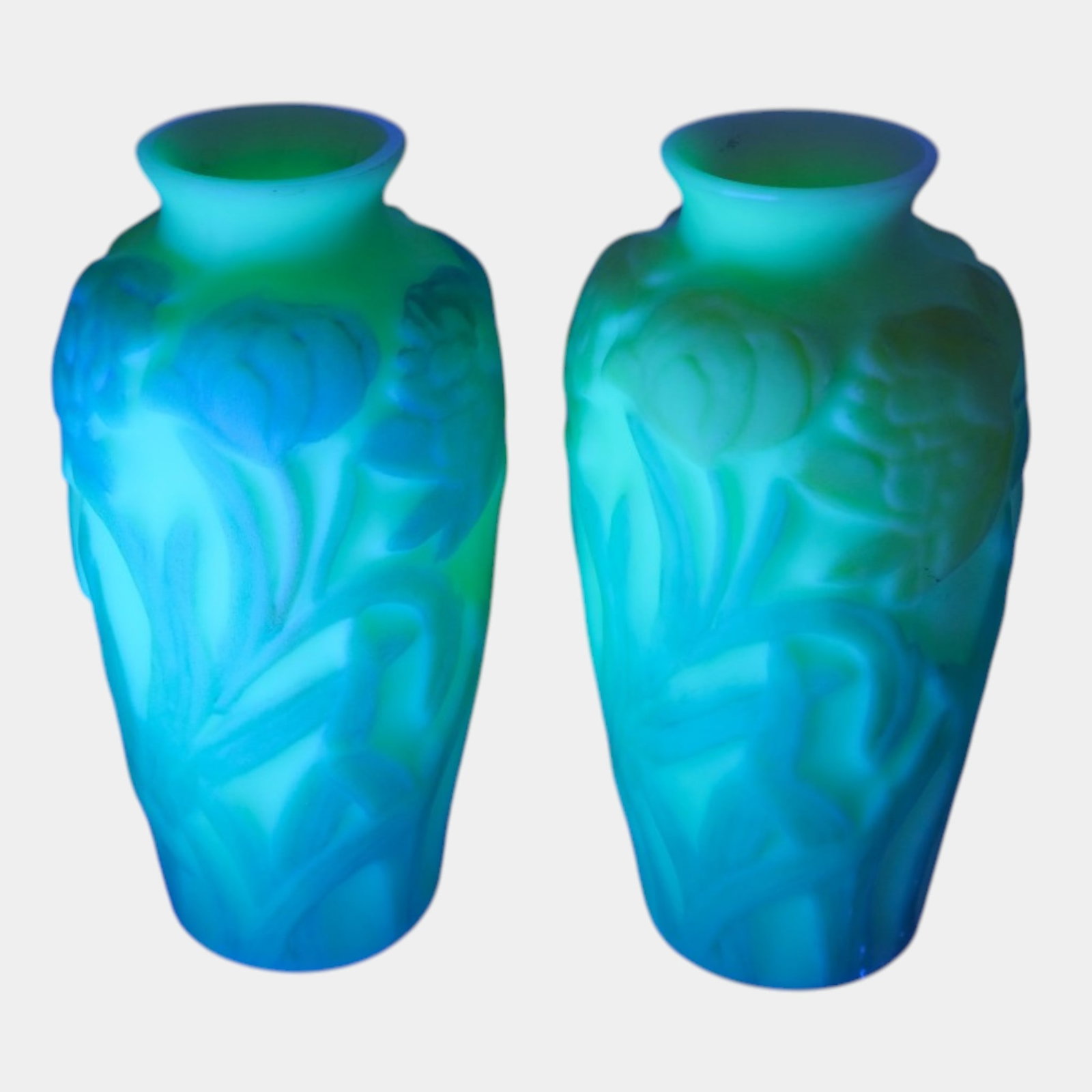 Consolidated Glass Co. Early 1900s Blue Yellow & Uranium Custard Jonquil In Relief Art Glass Vases: Professional, fast, and affordable in house shipping available for all items. For higher resolution images please visit bid.craftedauctions.com Consolidated Glass Co. Early 1900s Blue Yellow & Uranium