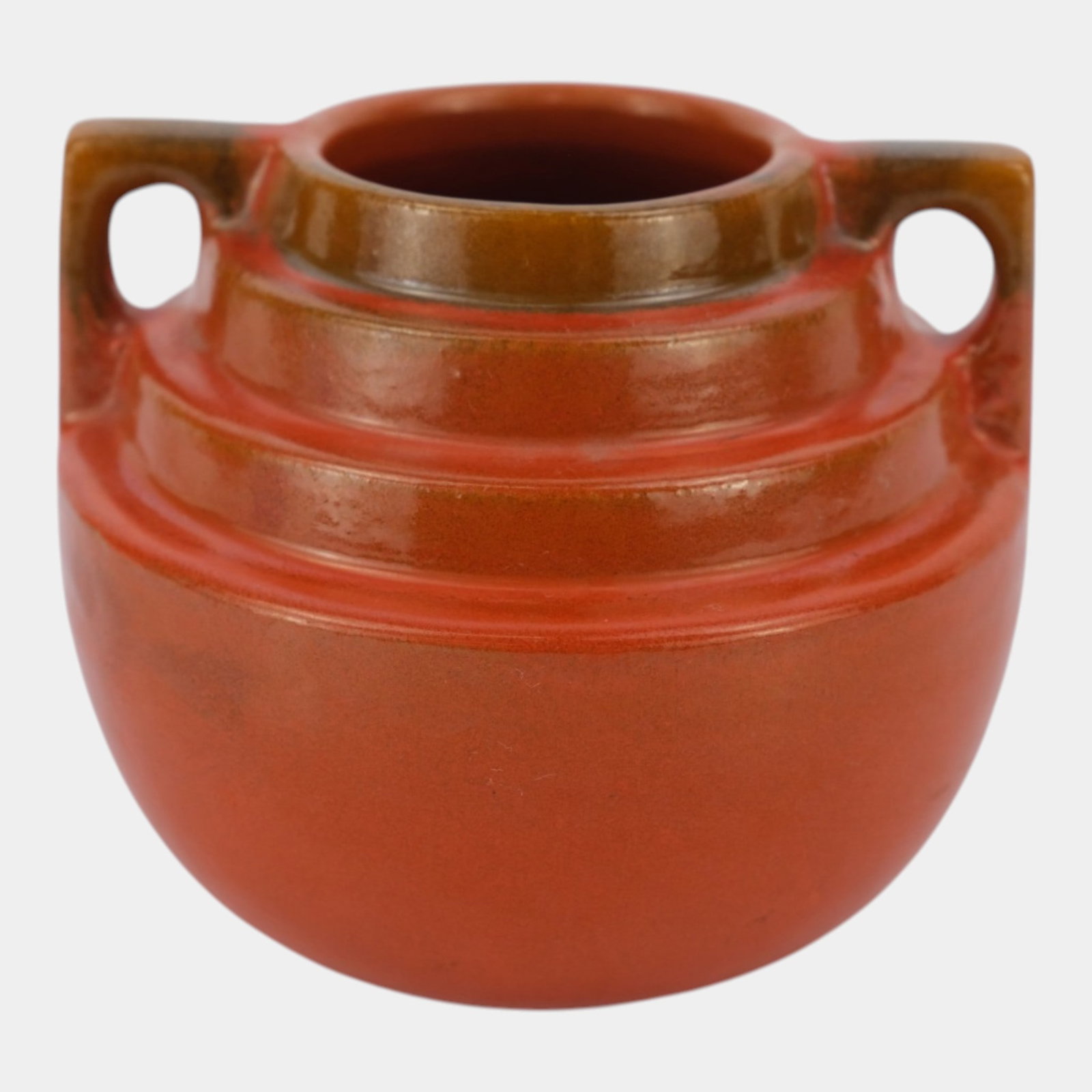 Catalina Island Pottery 1930s Toyon Red Art Deco Double Handled Stepped Ring Neck Vase: Professional, fast, and affordable in house shipping available for all items. For higher resolution images please visit bid.craftedauctions.com Catalina Island Pottery 1930s Toyon Red Art Deco Double 