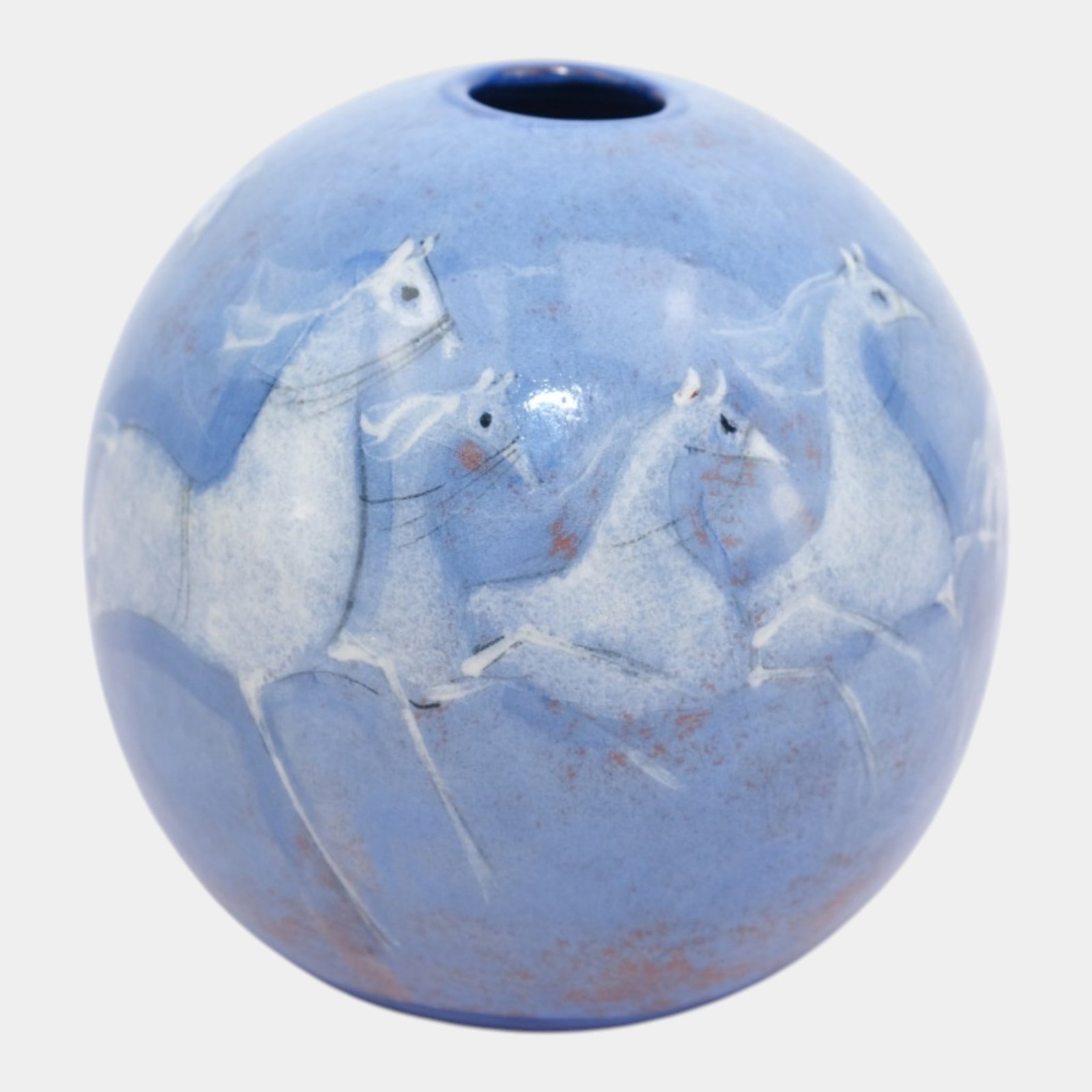 Polia Pillin Studio Mid Century Modern Art Pottery Glossy Blue Running Horse Decorated Round Orb: Professional, fast, and affordable in house shipping available for all items. For higher resolution images please visit bid.craftedauctions.com Polia Pillin Studio Mid Century Modern Art Pottery Gloss