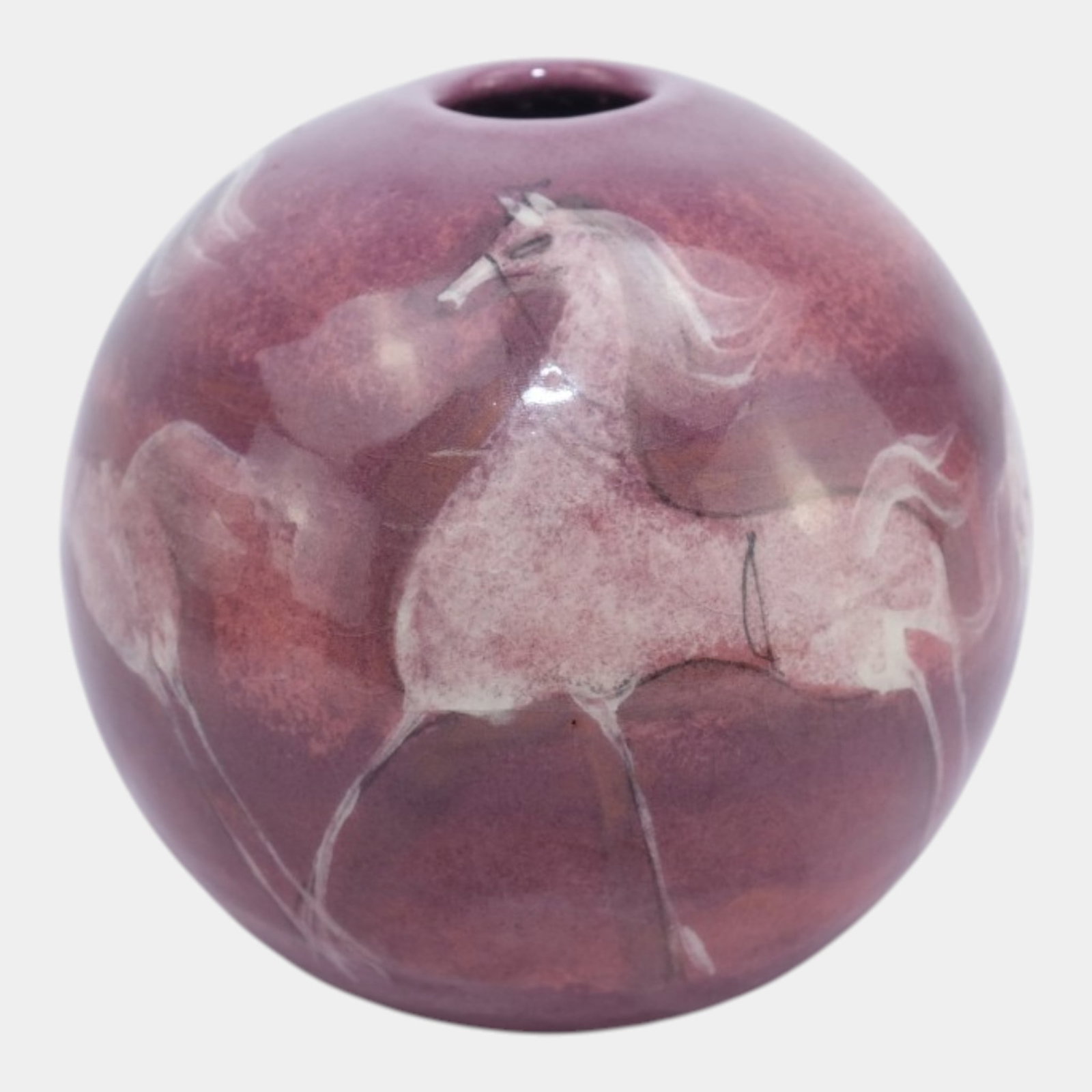 Polia Pillin Studio Mid Century Modern Art Pottery Glossy Red Running Horse Decorated Round Orb Vase: Professional, fast, and affordable in house shipping available for all items. For higher resolution images please visit bid.craftedauctions.com Polia Pillin Studio Mid Century Modern Art Pottery Gloss