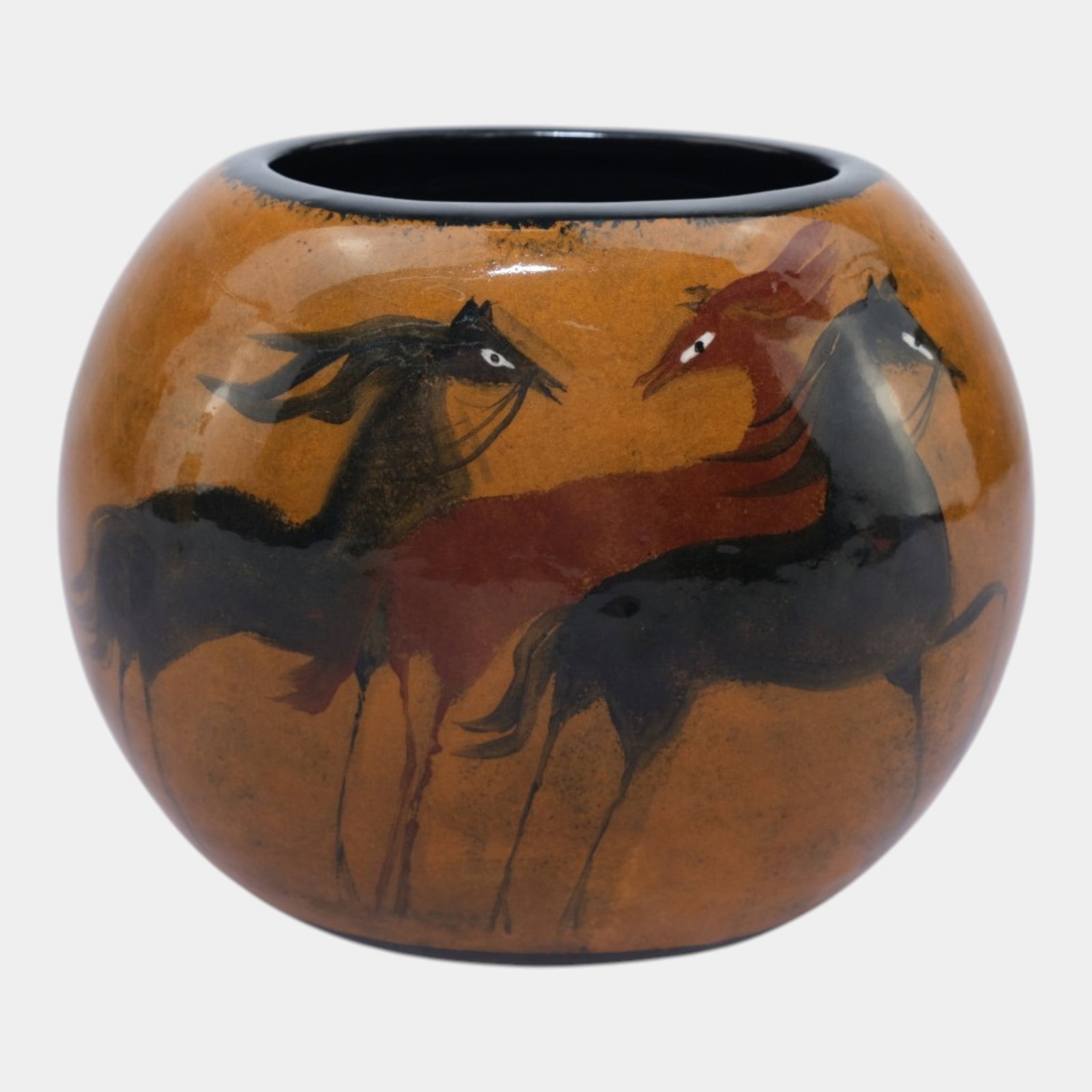 Polia Pillin Studio Mid Century Modern Art Pottery Brown Black Horse Ceramic Ovoid Form Vase: Professional, fast, and affordable in house shipping available for all items. For higher resolution images please visit bid.craftedauctions.com Polia Pillin Studio Mid Century Modern Art Pottery Brown