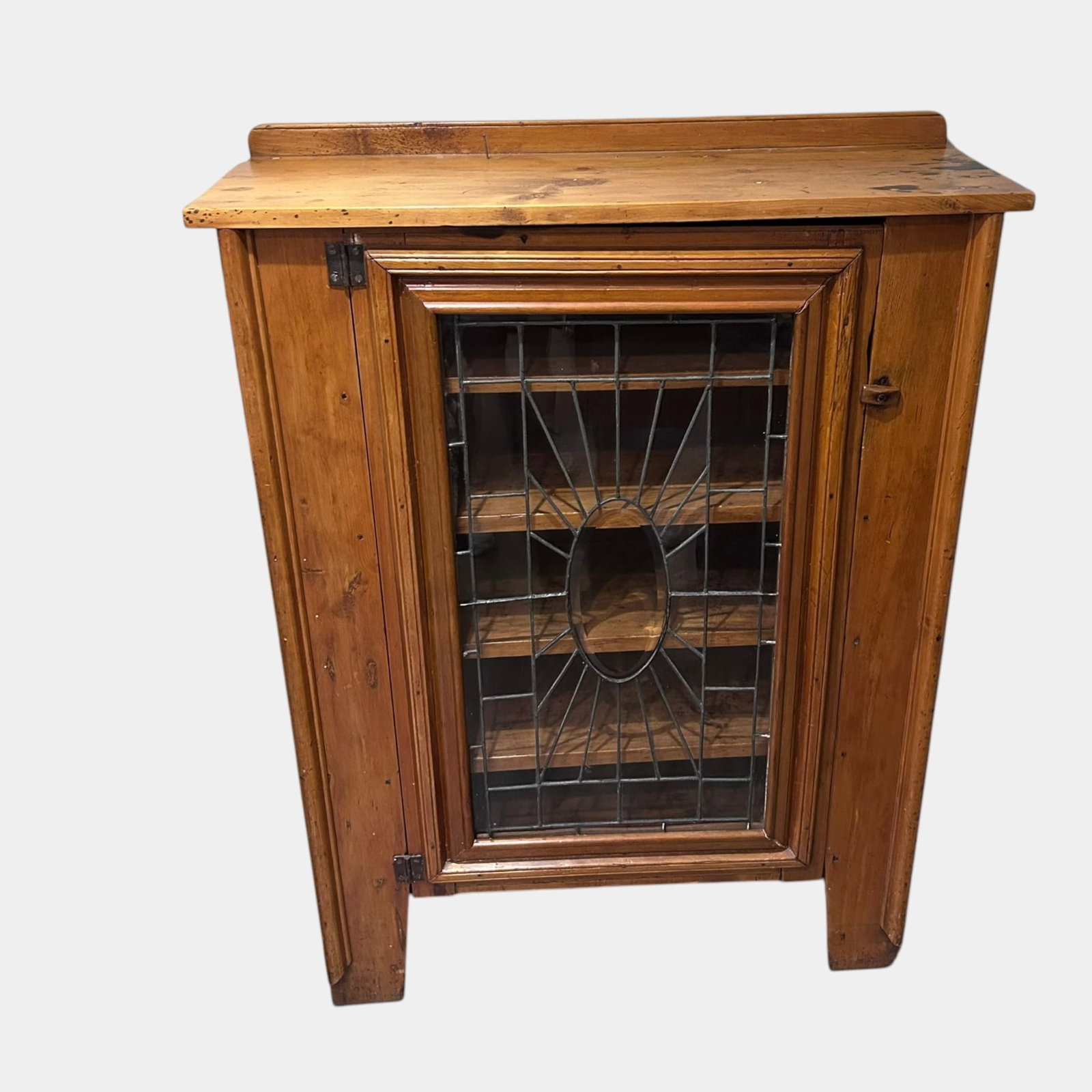 Early 20th Century Arts & Crafts Mission Leaded Glass Floor Cabinet Sunburst Door Design (1 of 5)