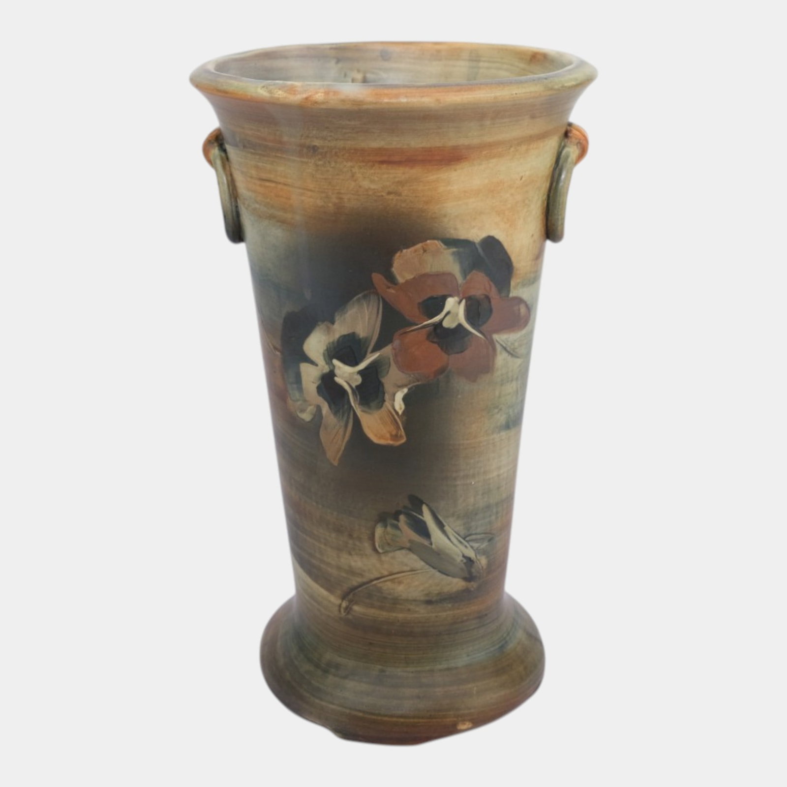 Weller Copra 1915 Vintage Art Pottery Hand Painted Pansy Ceramic Molded Ring Handle Vase: Professional, fast, and affordable in house shipping available for all items. For higher resolution images please visit bid.craftedauctions.com Weller Copra 1915 Vintage Art Pottery Hand Painted Pansy