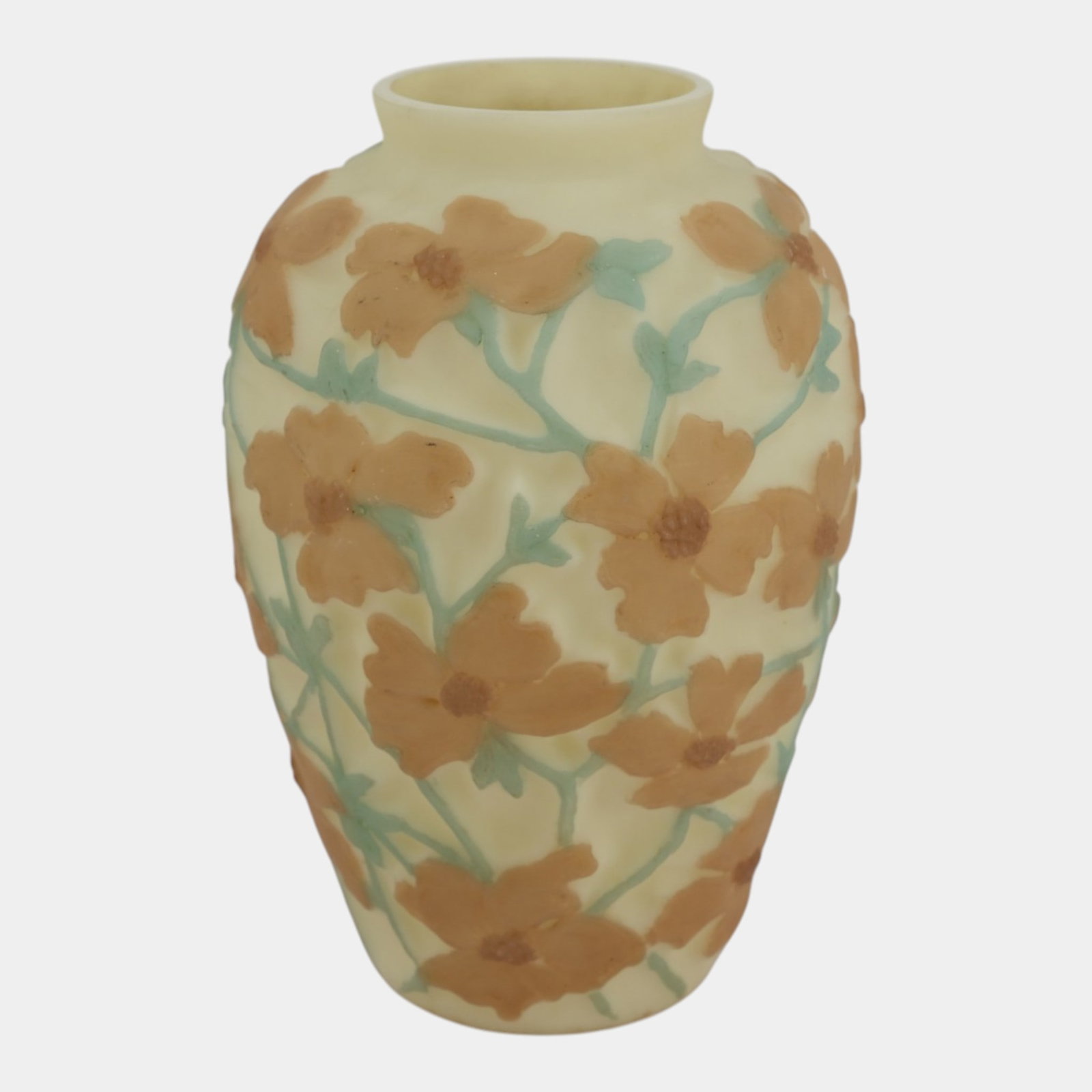 Consolidated Glass Co. Tri-Colored Orange Green Dogwood In Relief Decorated Uranium Custard Glass: Professional, fast, and affordable in house shipping available for all items. For higher resolution images please visit bid.craftedauctions.com Consolidated Glass Co. Tri-Colored Orange Green Dogwood 