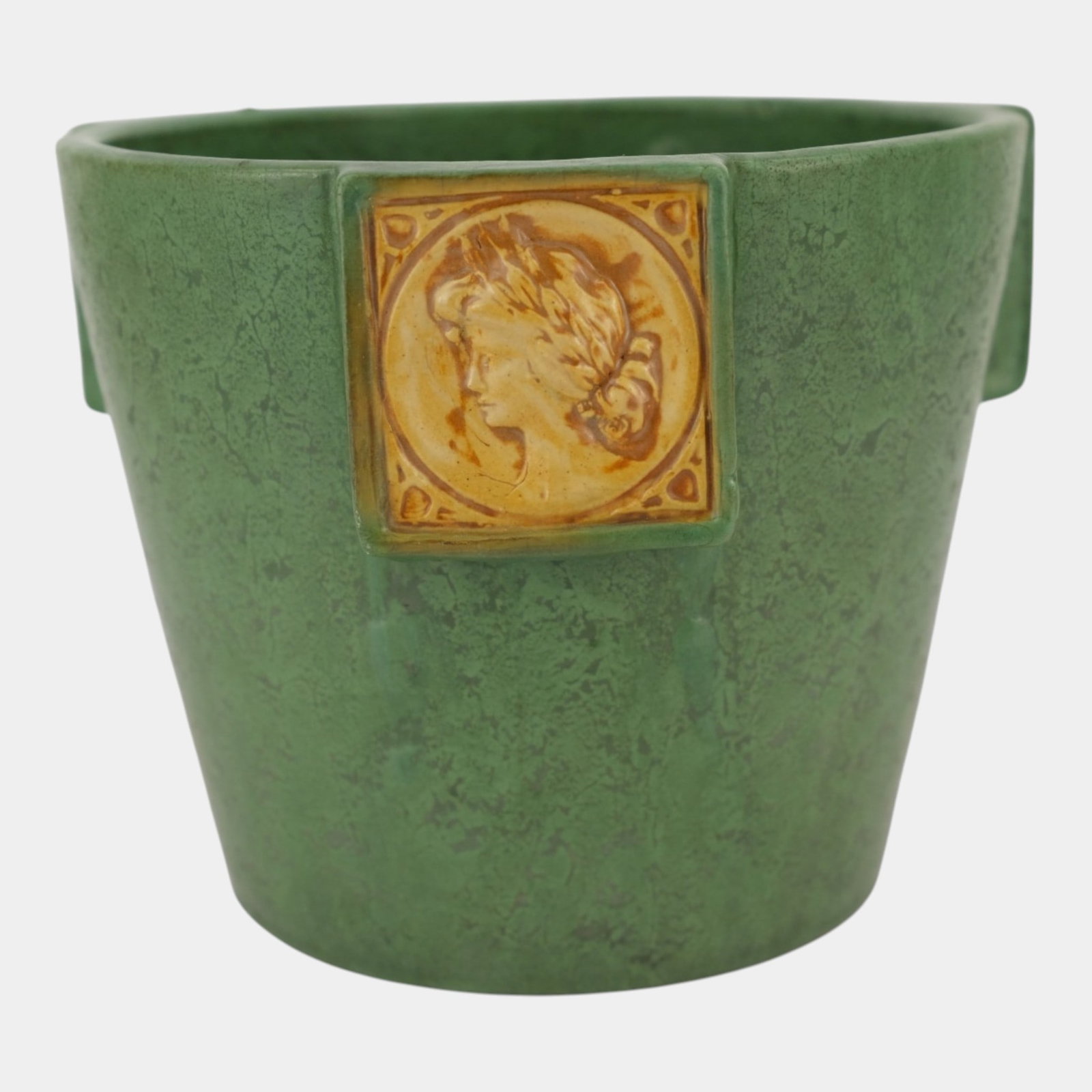 Roseville Cameo Matte Green 1908 Vintage Art Pottery Jardiniere Planter Ivory Glazed Medallions: Professional, fast, and affordable in house shipping available for all items. For higher resolution images please visit bid.craftedauctions.com Roseville Cameo Matte Green 1908 Vintage Art Pottery Jar