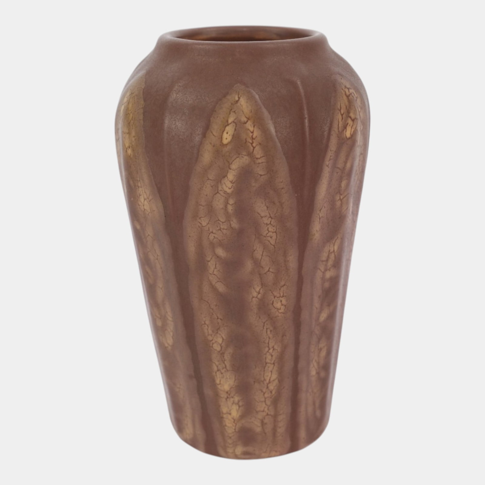 Hampshire Pottery Early 1900s Brown Mottled Glaze Leaf Arts and Crafts Vase: Professional, fast, and affordable in house shipping available for all items. For higher resolution images please visit bid.craftedauctions.com Hampshire Pottery Early 1900s Brown Mottled Glaze Leaf A