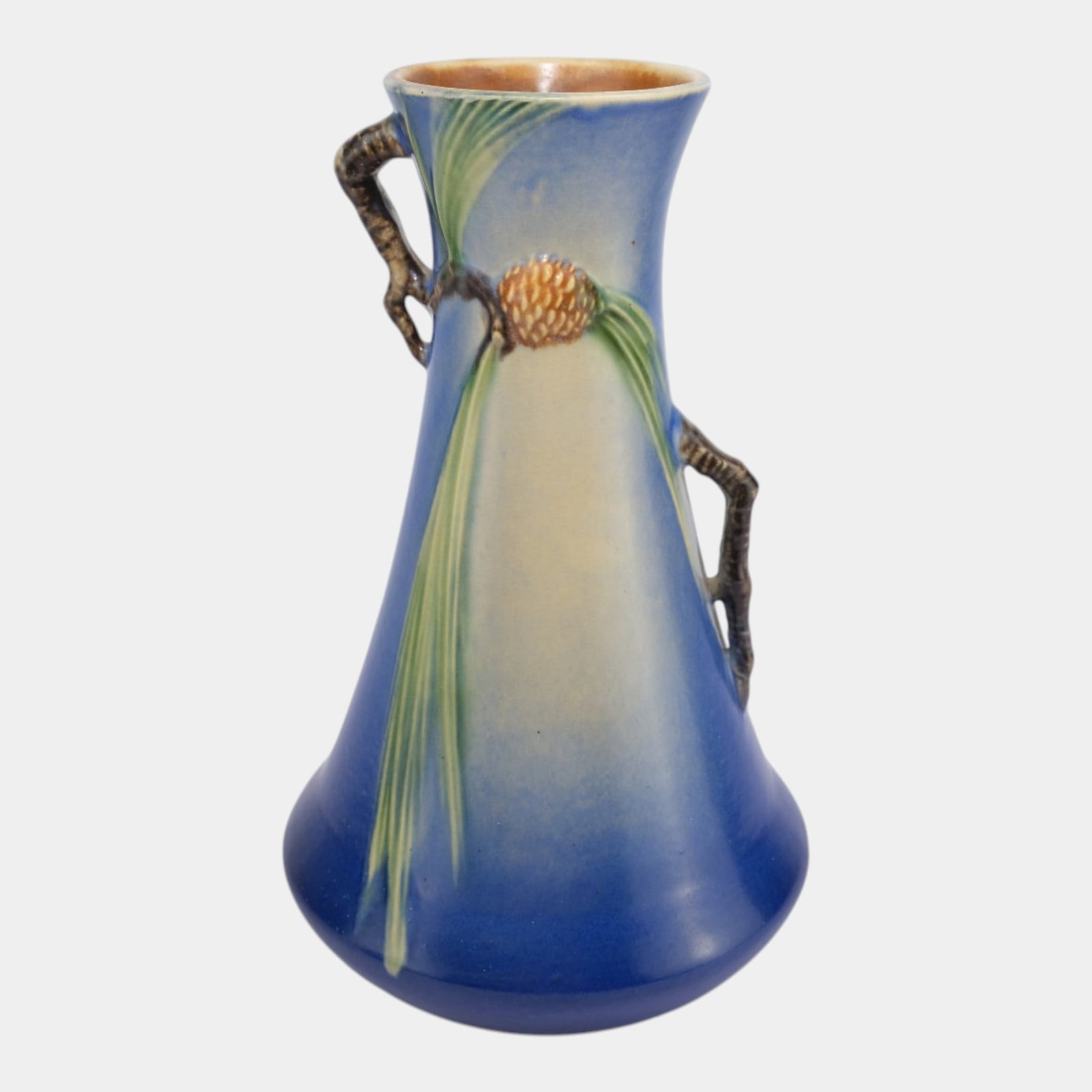 Roseville Pine Cone Blue 1940 Vintage Art Pottery Tall Ceramic Twig Handled Vase 712-12: Professional, fast, and affordable in house shipping available for all items. For higher resolution images please visit bid.craftedauctions.com Roseville Pine Cone Blue 1940 Vintage Art Pottery Tall C