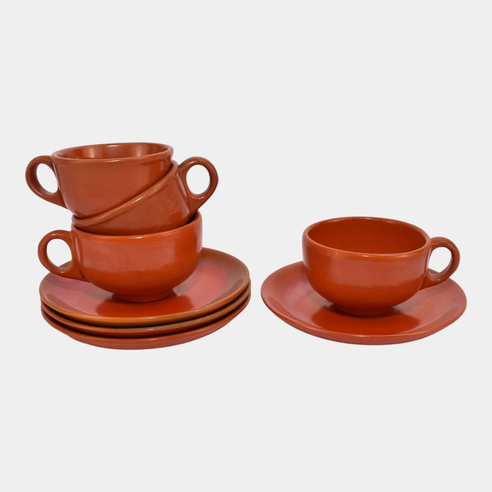 Catalina Island California Pottery 1930s Toyon Red Art Deco Cups & Saucers Set Of Four: Professional, fast, and affordable in house shipping available for all items. For higher resolution images please visit bid.craftedauctions.com Catalina Island California Pottery 1930s Toyon Red Art D