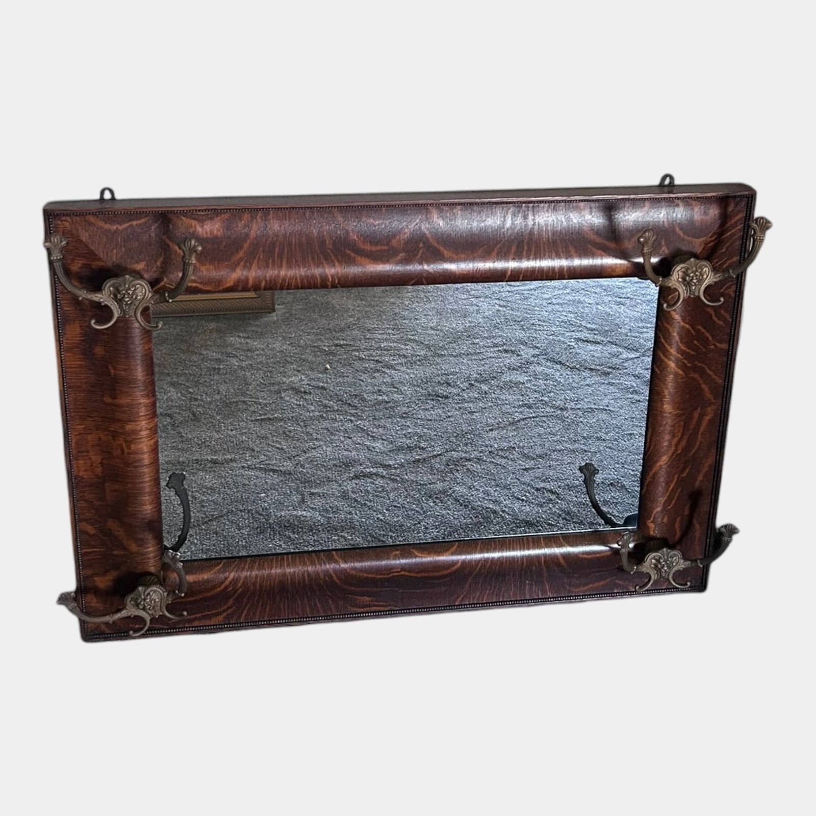 Late 19th Century Victorian Tiger Oak Repousse Brass Corner Wall Mirror With Coat Hooks (1 of 3)