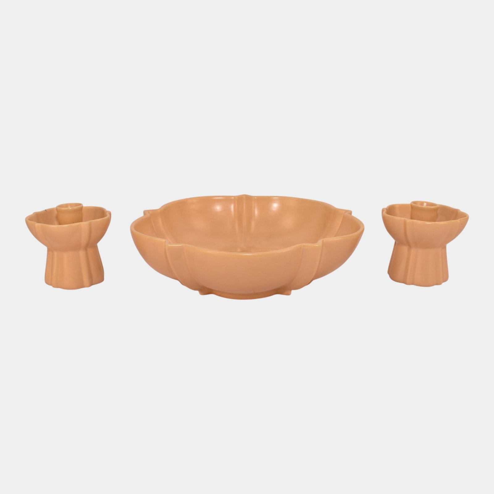 Catalina Island California Pottery 1930s Peach Art Deco Quatrefoil Bowl & Candlesticks Console Set: Professional, fast, and affordable in house shipping available for all items. For higher resolution images please visit bid.craftedauctions.com Catalina Island California Pottery 1930s Peach Art Deco 