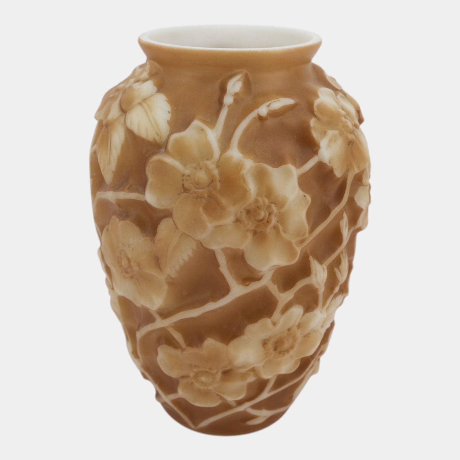 Phoenix Consolidated Art Deco Brown Satin Wild Rose Decoration In Relief Sculpted Art Glass Vase: Professional, fast, and affordable in house shipping available for all items. For higher resolution images please visit bid.craftedauctions.com Phoenix Consolidated Art Deco Brown Satin Wild Rose Deco