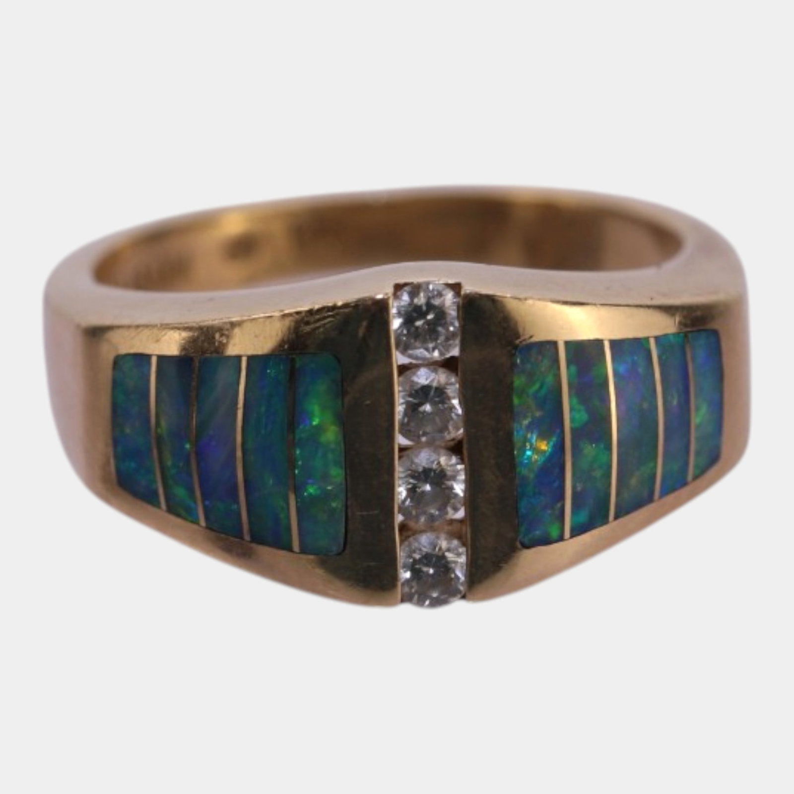 Kabana 14K Yellow Gold, Diamond, & Australian Opal Panel Inlay Modernist Designer Ring Made In New: Professional, fast, and affordable in house shipping available for all items. For higher resolution images please visit bid.craftedauctions.com Boldly geometric and brilliantly iridescent, this Kabana