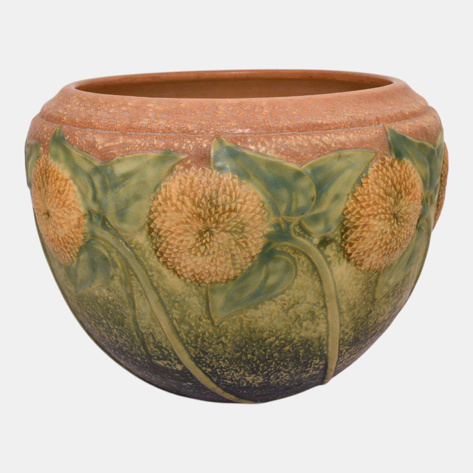 Roseville Sunflower 1930 Art And Crafts Pottery Brown Green Jardiniere Planter 619-10: Professional, fast, and affordable in house shipping available for all items. For higher resolution images please visit bid.craftedauctions.com Roseville Sunflower 1930 Art And Crafts Pottery Brown Gr