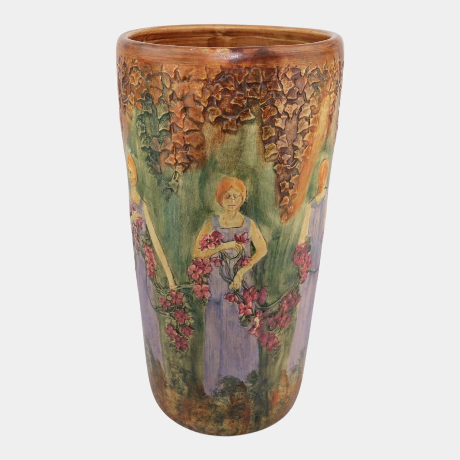Weller Pottery Flemish Zona Woman and Garland Scenic Ceramic Brown Green Glazed Umbrella Stand: Professional, fast, and affordable in house shipping available for all items. For higher resolution images please visit bid.craftedauctions.com Weller Pottery Flemish Zona Woman and Garland Scenic Cer