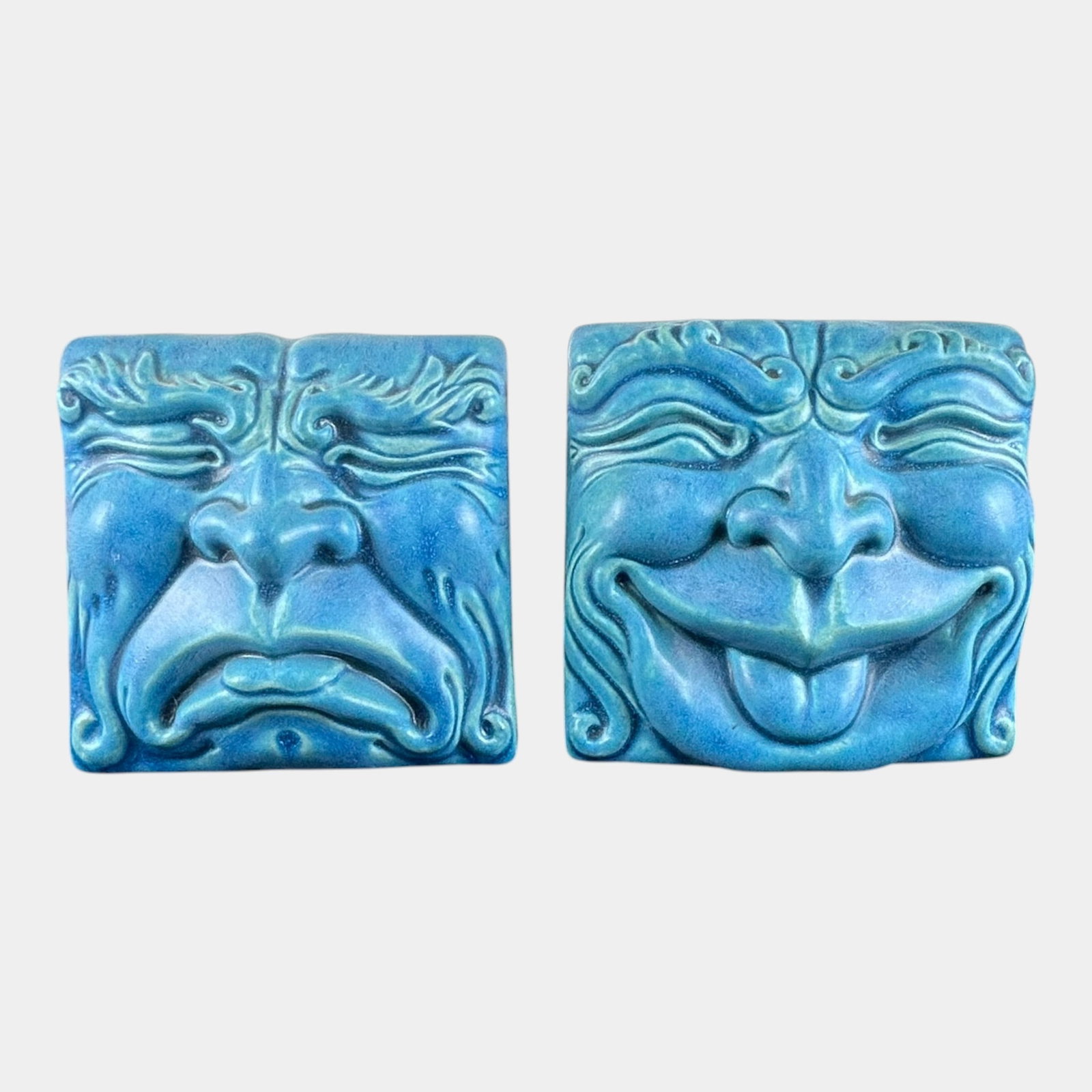 Pewabic Detroit 2016 Art Pottery Mottled Teal Drama Comedy & Tragedy Face Mask Tiles (1 of 2)