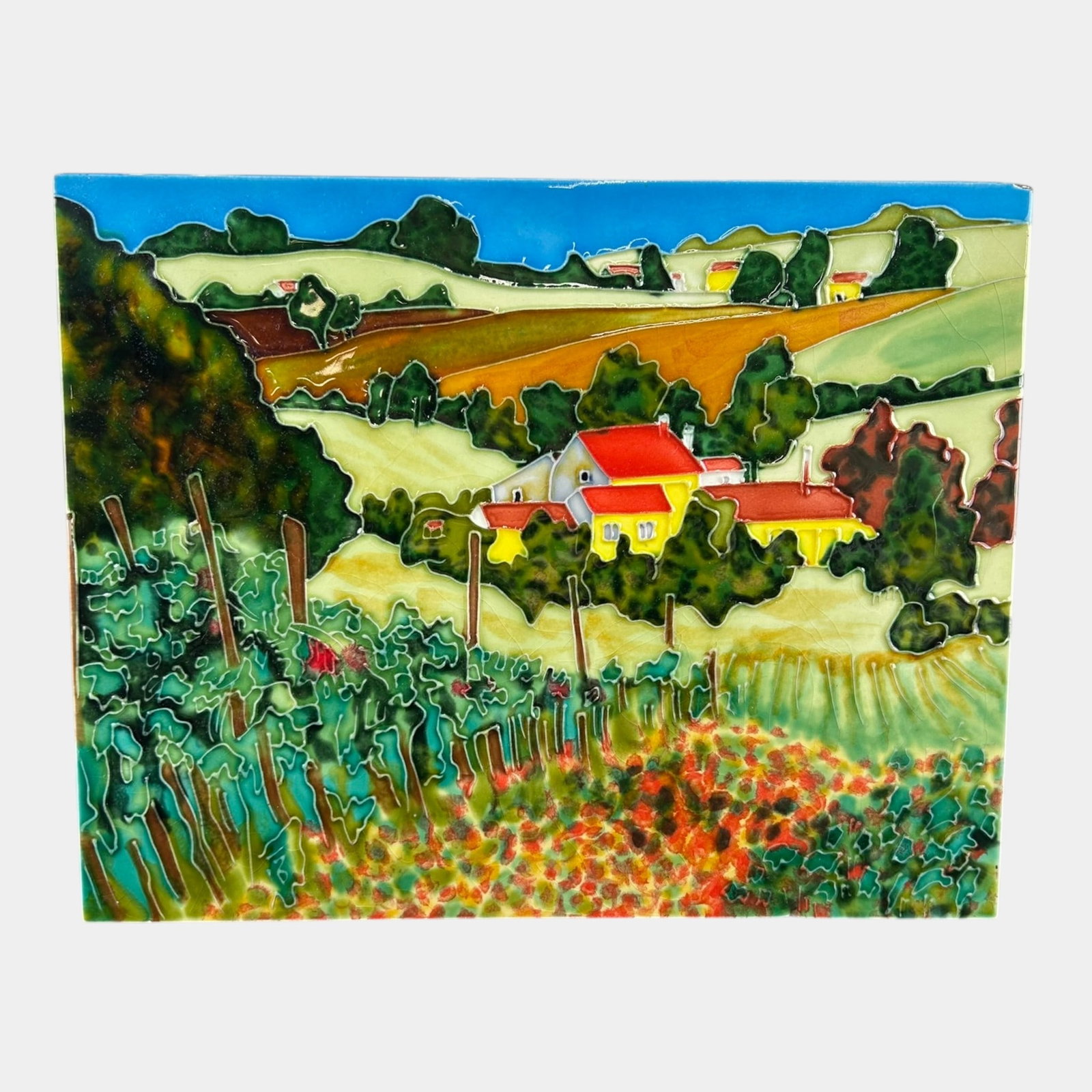 Contemporary Hand Painted Scenic Landscape Ceramic Art Tile With Rolling Hills & Farmhouses: Professional, fast, and affordable in house shipping available for all items. For higher resolution images please visit bid.craftedauctions.com Contemporary Hand Painted Scenic Landscape Ceramic Art T