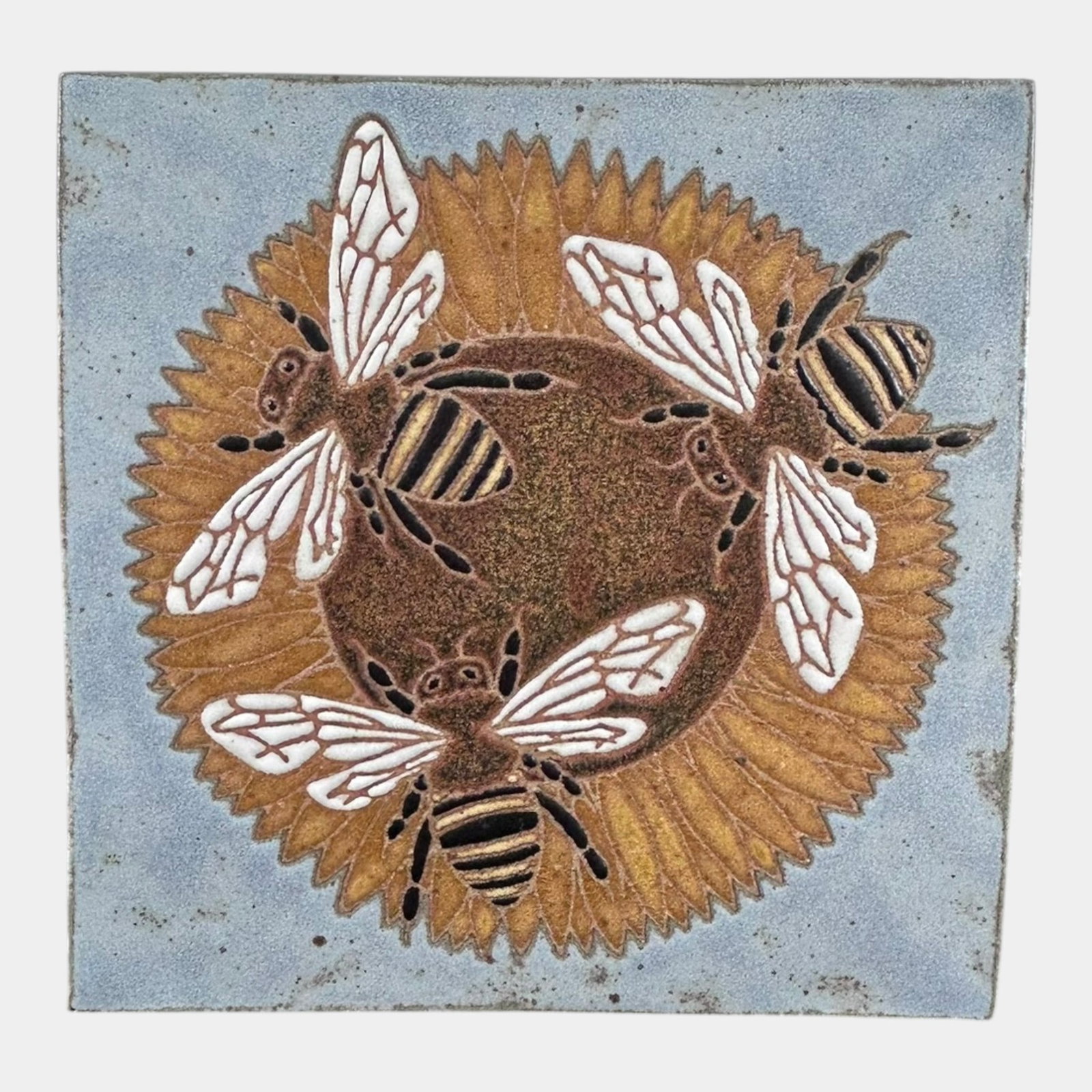 Common Ground Eric Olson Studio Art Pottery 2006 Bees On Sunflower Tile: Professional, fast, and affordable in house shipping available for all items. For higher resolution images please visit bid.craftedauctions.com Common Ground Eric Olson Studio Art Pottery 2006 Bees On