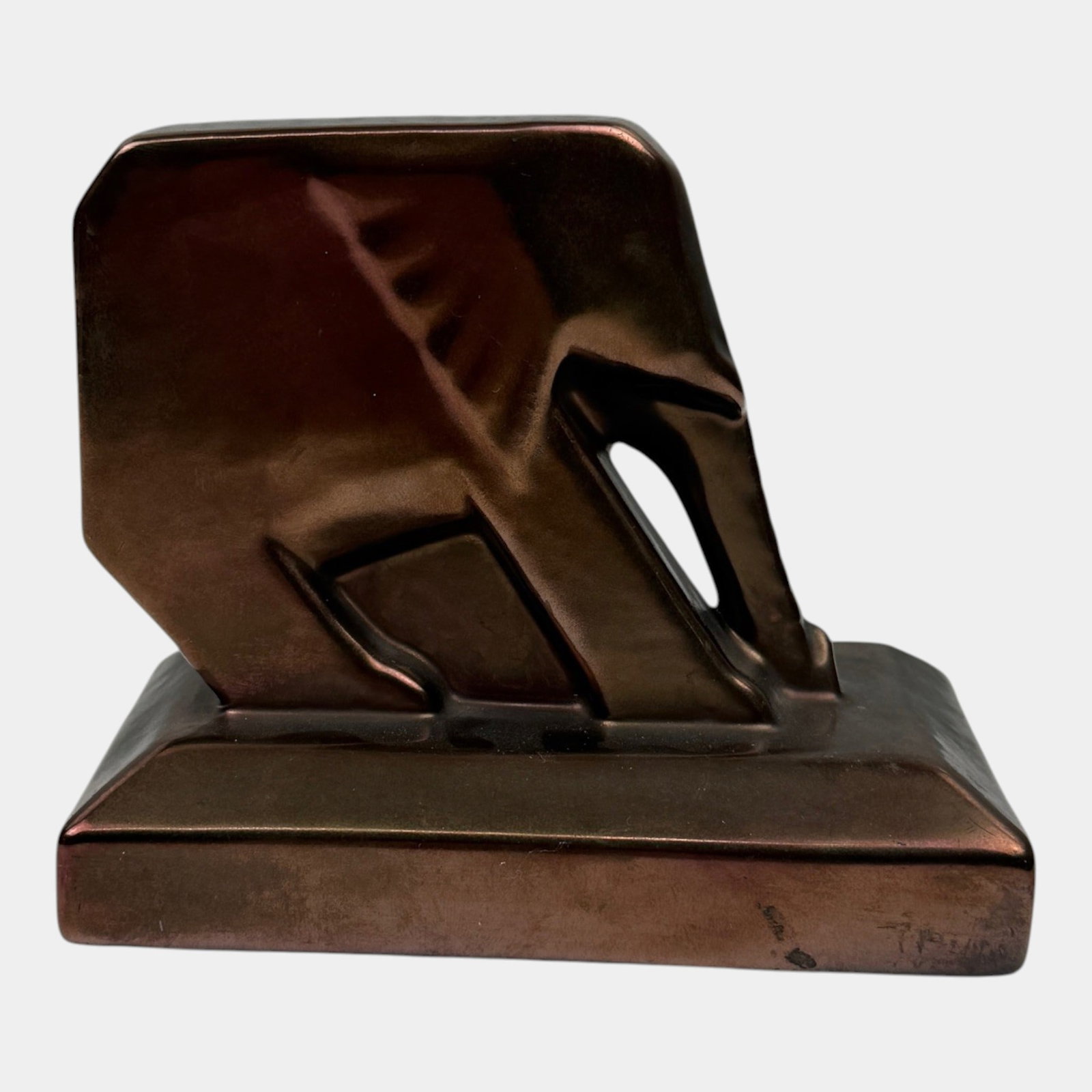 Margaret Postgate For Cowan Pottery 1929 Art Deco Angular Elephant Luster Copper-Tone Bookend: Professional, fast, and affordable in house shipping available for all items. For higher resolution images please visit bid.craftedauctions.com Margaret Postgate For Cowan Pottery 1929 Art Deco Angula