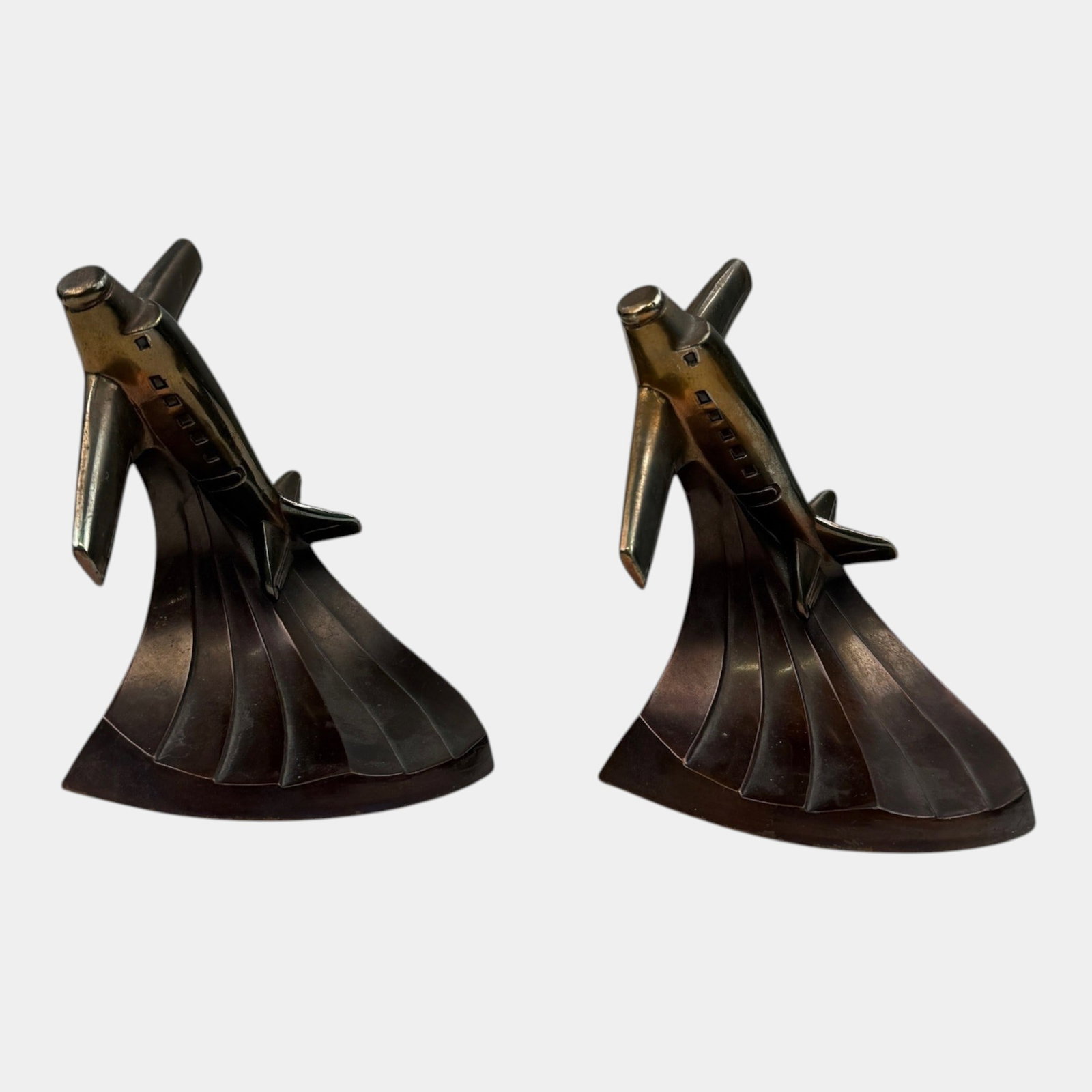 Dodge Trophy Inc 1930s California Bronze-Tone Cast Metal Art Deco Soaring Airplane Bookends (1 of 6)