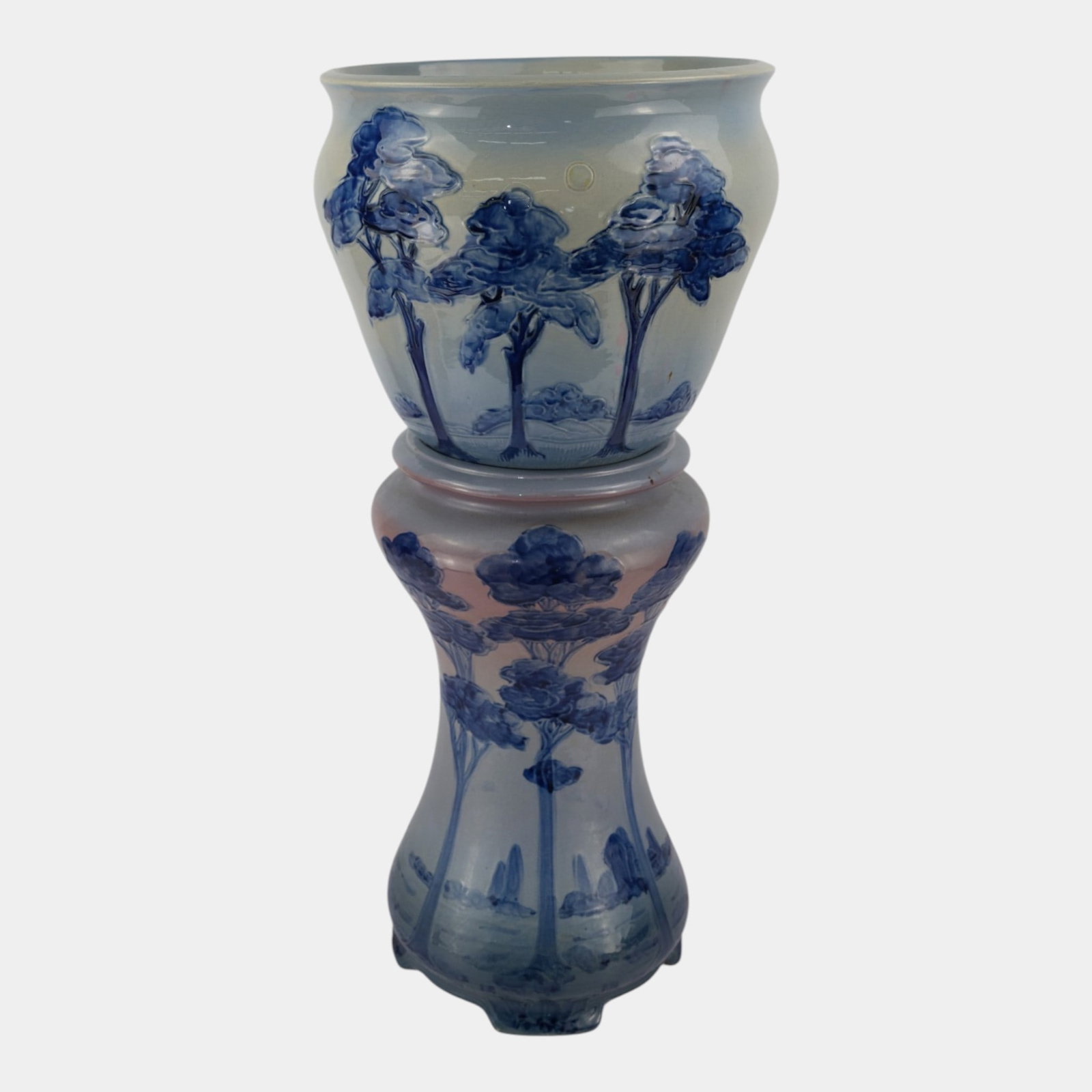 Weller Jap Birdimal 1904 Vintage Art Pottery Ceramic Jardiniere and Pedestal: Professional, fast, and affordable in house shipping available for all items. For higher resolution images please visit bid.craftedauctions.com Weller Jap Birdimal 1904 Vintage Art Pottery Ceramic Jar