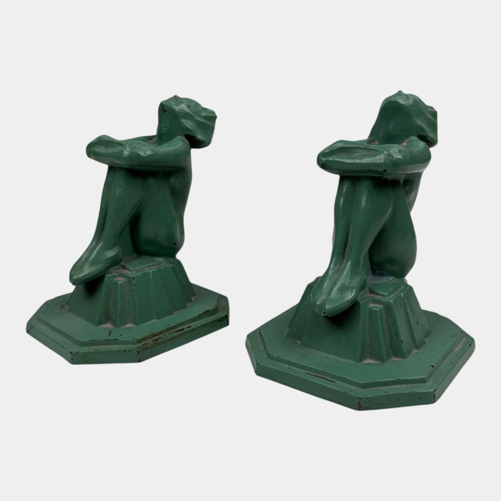 Frankart 1920s Art Deco Green Metal Seated Nudes Candle Holders On Stepped Base: Professional, fast, and affordable in house shipping available for all items. For higher resolution images please visit bid.craftedauctions.com Frankart 1920s Art Deco Green Metal Seated Nudes Candle 