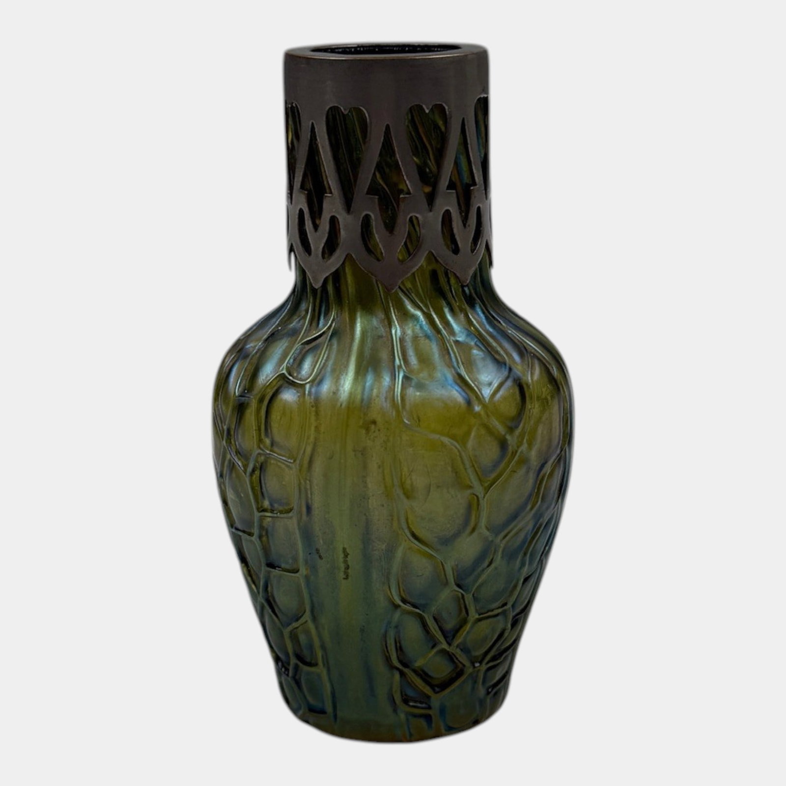 Loetz Early 20th Century Green Iridescent Art Nouveau Glass Bud Vase With Silver-Tone Collar: Professional, fast, and affordable in house shipping available for all items. For higher resolution images please visit bid.craftedauctions.com Loetz Early 20th Century Green Iridescent Art Nouveau Gl