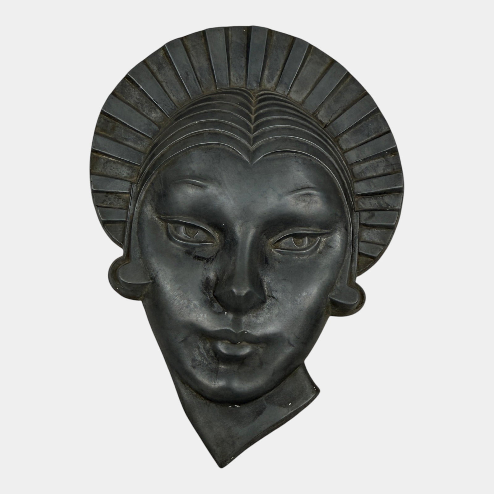 Frankart 1930 Art Deco Aluminum Sonja Henie Femail Face Mask Wall Plaque: Professional, fast, and affordable in house shipping available for all items. For higher resolution images please visit bid.craftedauctions.com Frankart 1930 Art Deco Aluminum Sonja Henie Femail Face 