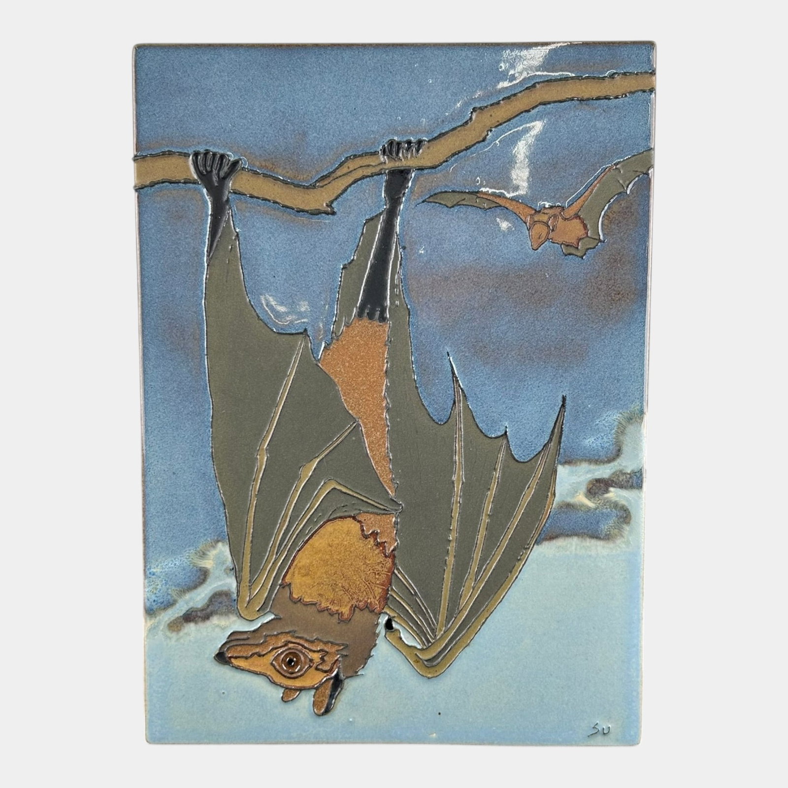 Studio Art Pottery Upside Down Bat Wildlife Ceramic Tile Arts & Crafts Wall Plaque Panel (1 of 2)