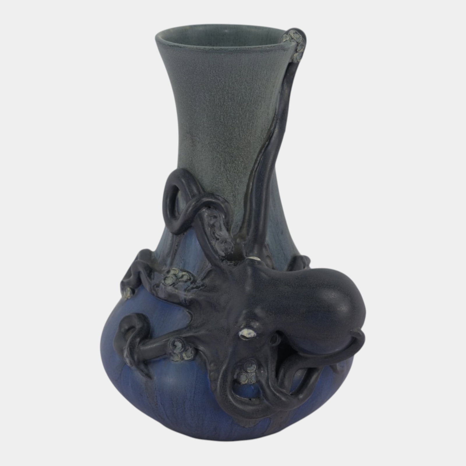 Ephraim Faience 2019 Hand Made Arts And Crafts Pottery Blue Figural Octopus Vase: Professional, fast, and affordable in house shipping available for all items. For higher resolution images please visit bid.craftedauctions.com Ephraim Faience 2019 Hand Made Arts And Crafts Pottery B