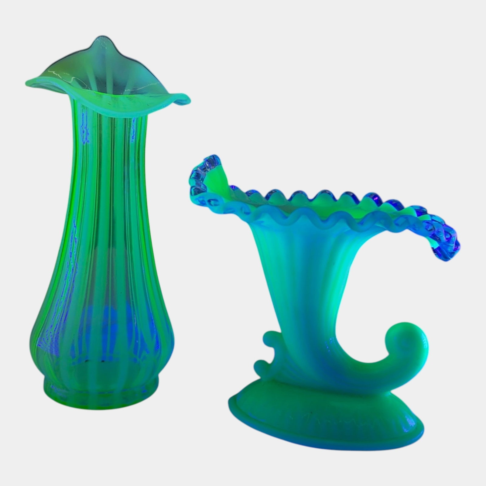 Fenton Art Glass Vaseline Uranium Glass Ribbed Optic Jack In The Pulpit Vase & Silver Crest: Professional, fast, and affordable in house shipping available for all items. For higher resolution images please visit bid.craftedauctions.com Fenton Art Glass Vaseline Uranium Glass Ribbed Optic Jac