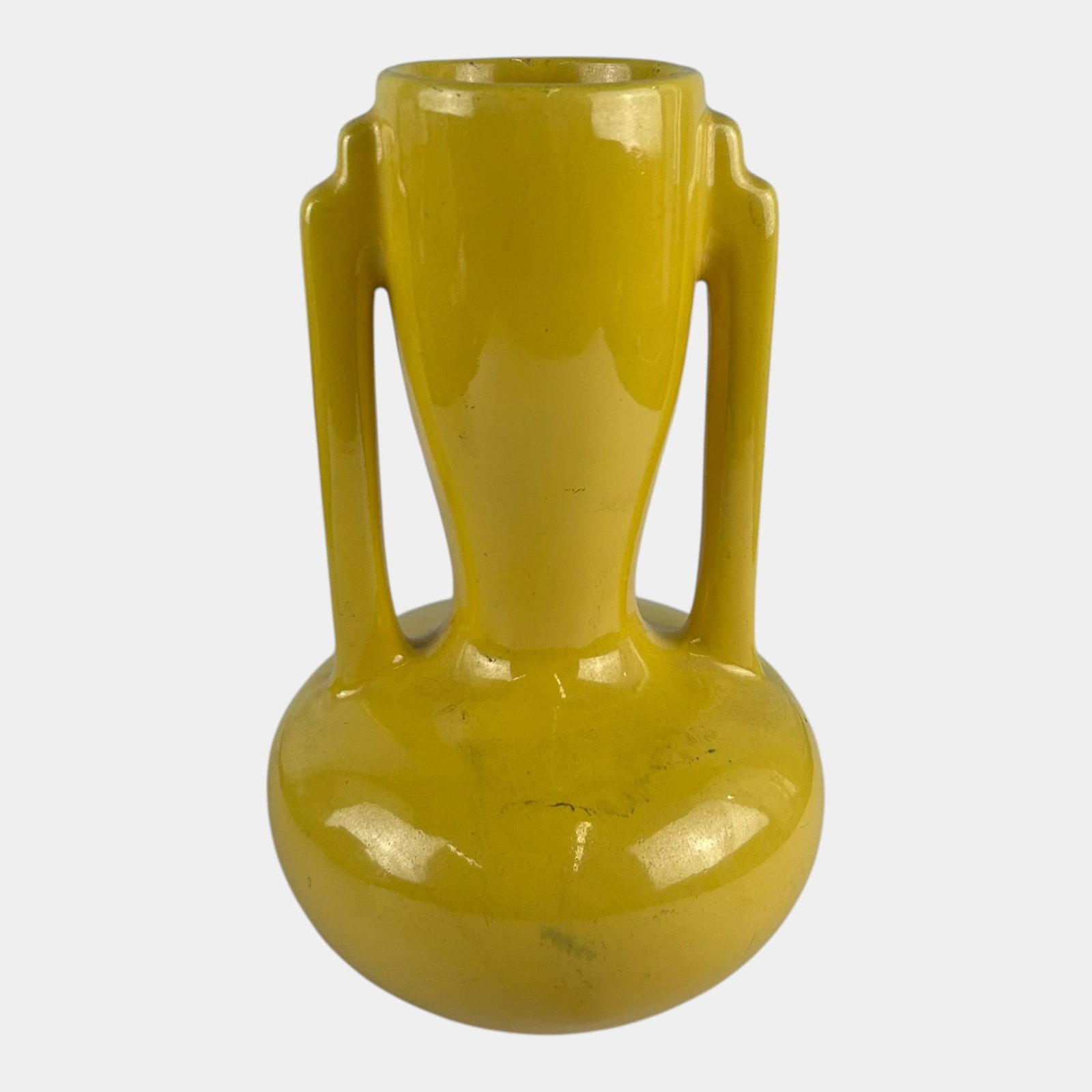 Catalina Island California Pottery 1930s Yellow Art Deco Double Handled Ceramic Vase: Professional, fast, and affordable in house shipping available for all items. For higher resolution images please visit bid.craftedauctions.com Catalina Island California Pottery 1930s Yellow Art Deco