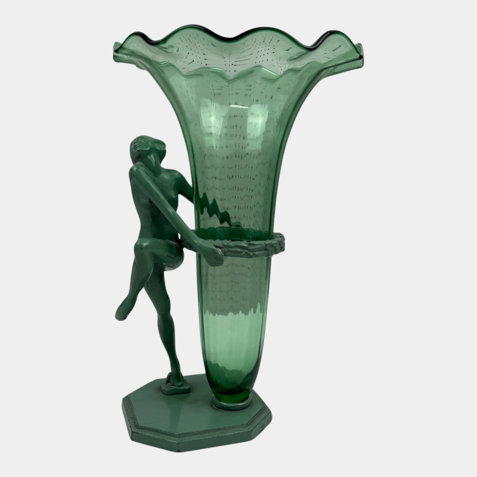 Frankart 1927 Art Deco Green Metal Nude Nymph With Steuben Green Glass Trumpet Vase F612: Professional, fast, and affordable in house shipping available for all items. For higher resolution images please visit bid.craftedauctions.com Frankart 1927 Art Deco Green Metal Nude Nymph With Steub