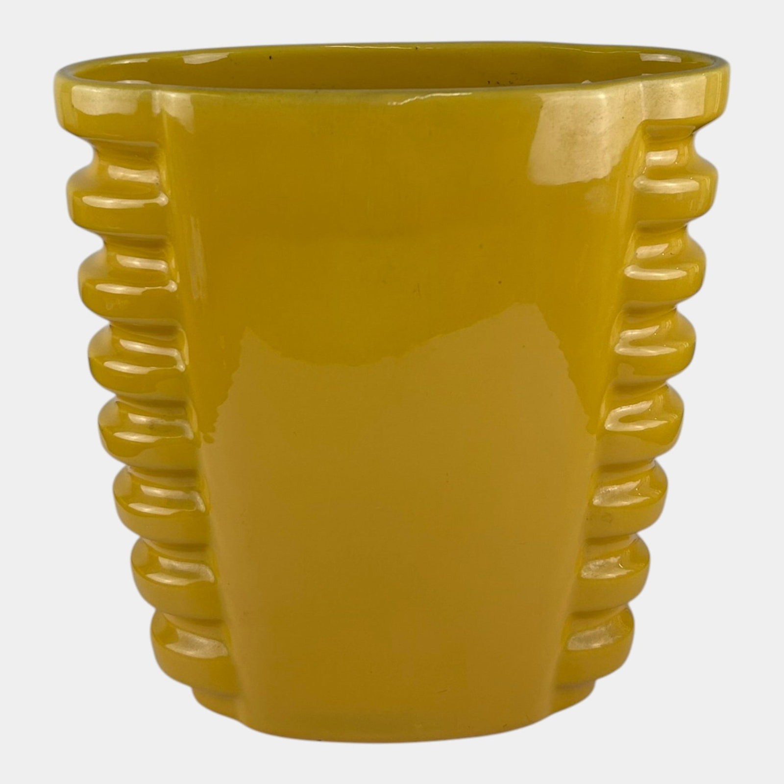 Catalina Island California Pottery 1930s Yellow Art Deco Ribbed Ceramic Vase: Professional, fast, and affordable in house shipping available for all items. For higher resolution images please visit bid.craftedauctions.com Catalina Island California Pottery 1930s Yellow Art Deco