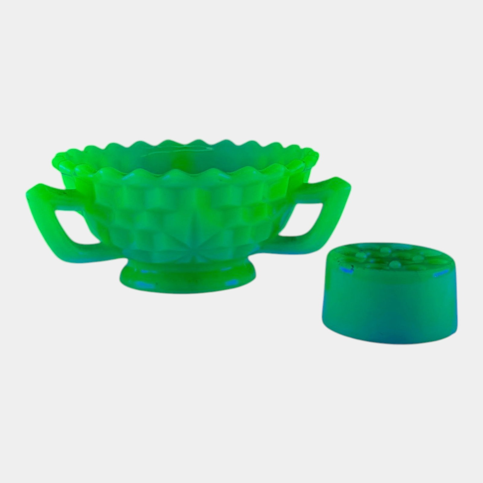 Fostoria Glass Co. Uranium Green Jadeite "American" Pattern Three Handled Bowl With Flower Frog (1 of 5)