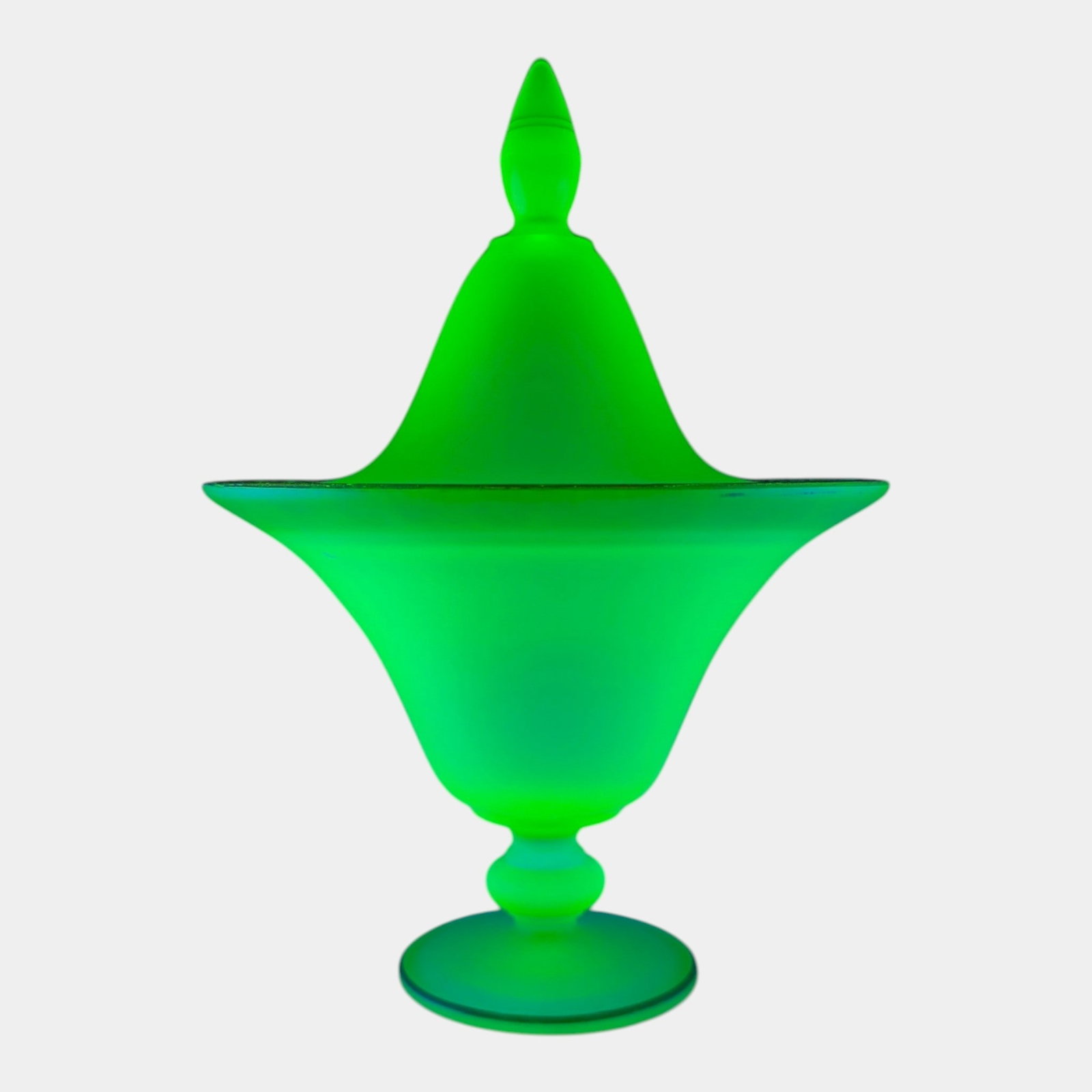 Tiffin Glass Co. Art Deco Satin Green Uranium Glass Lidded Candy Dish With Gold Gilt Accent On Rim (1 of 6)