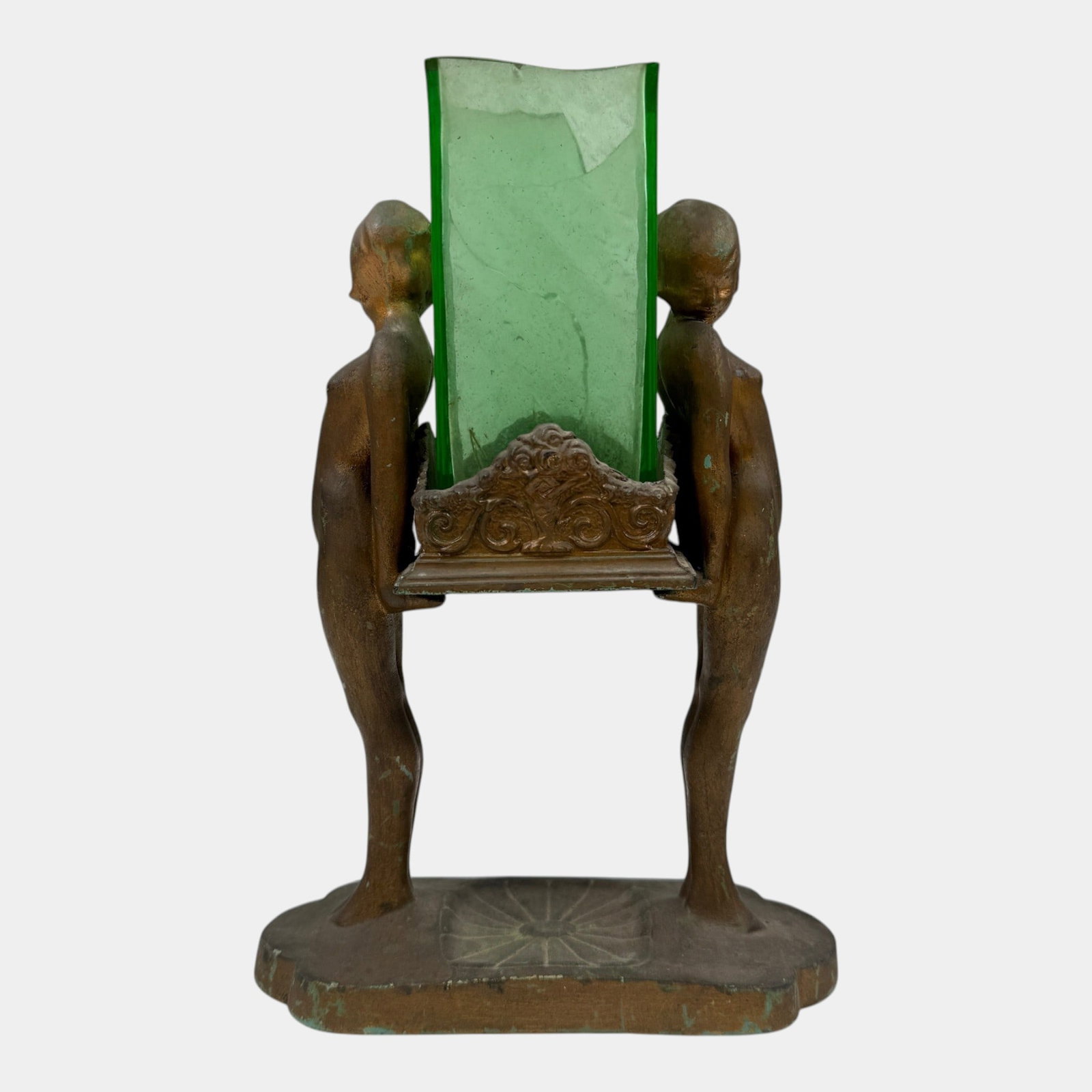 Frankart 1929 Art Deco Two Nudes Holding A Square Uranium Glass Cylinder Lamp Base L-221: Professional, fast, and affordable in house shipping available for all items. For higher resolution images please visit bid.craftedauctions.com Frankart 1929 Art Deco Two Nudes Holding A Square Uraniu