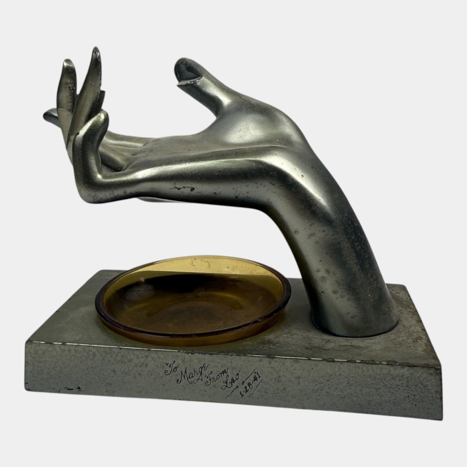 Arthur Von Frankenberg For Frankart 1930s Art Deco Metal "Thing" Figural Hand Smoking Set T-336: Professional, fast, and affordable in house shipping available for all items. For higher resolution images please visit bid.craftedauctions.com Arthur Von Frankenberg For Frankart 1930s Art Deco Metal