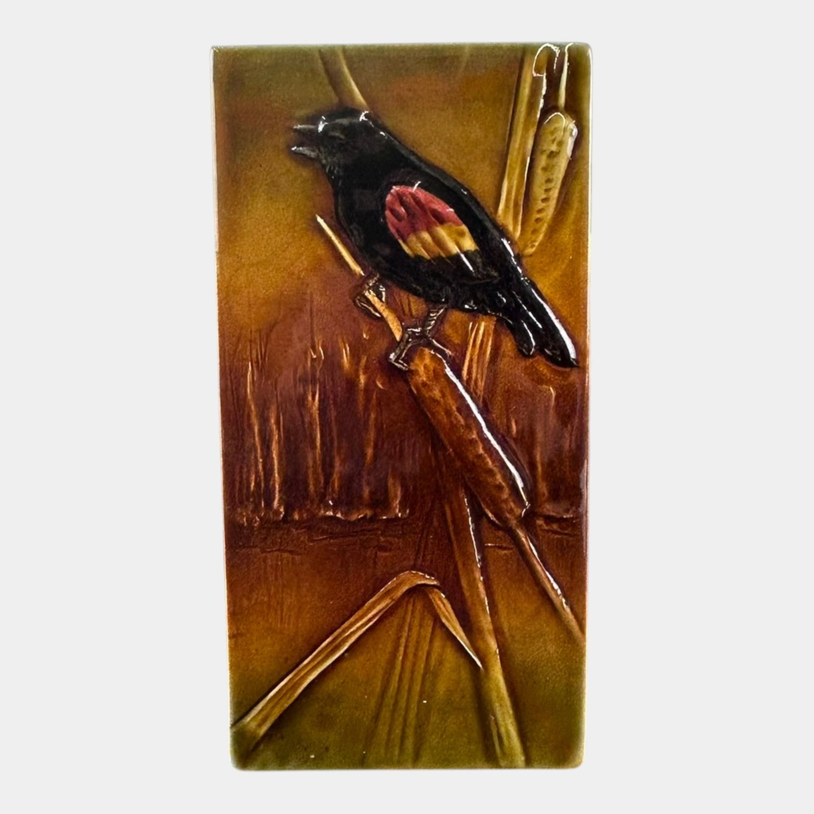 Ephraim Faience 2015 Hand Made Red Wing Black Bird On Cattail In Relief Arts And Crafts Tile: Professional, fast, and affordable in house shipping available for all items. For higher resolution images please visit bid.craftedauctions.com Ephraim Faience 2015 Hand Made Red Wing Black Bird On Ca