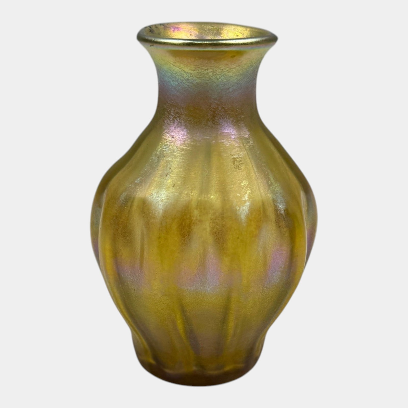 Louis Comfort Tiffany Studios LCT Early 20th Century Gold Iridescent Art Glass Cabinet Vase: Professional, fast, and affordable in house shipping available for all items. For higher resolution images please visit bid.craftedauctions.com Louis Comfort Tiffany Studios LCT Early 20th Century Gol