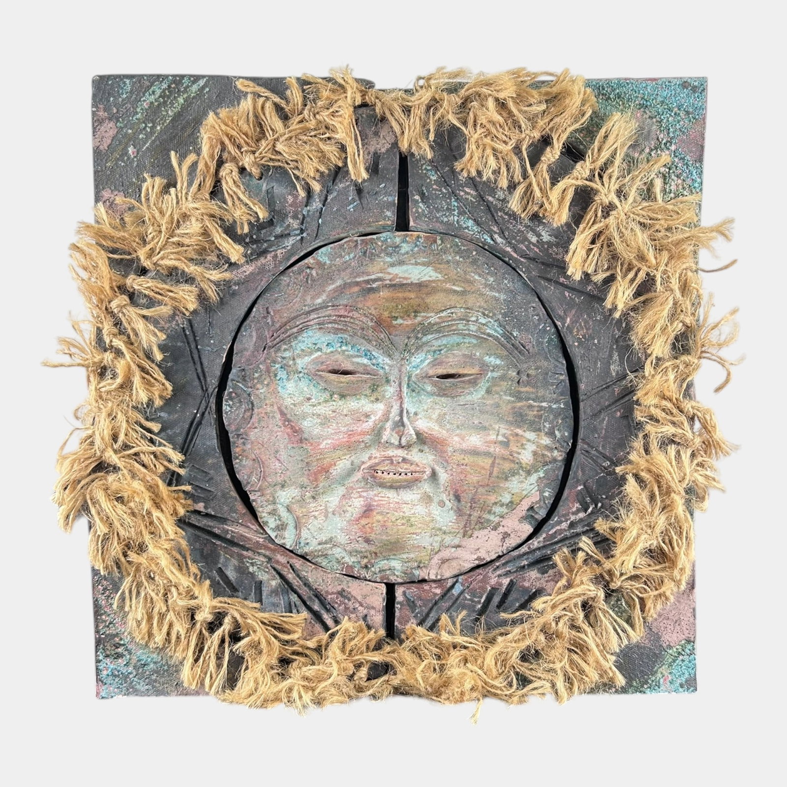 Contemporary Studio Art Pottery Figural Sun Face Mixed Media 16" Ceramic Wall Tile Plaque Sculpture (1 of 2)
