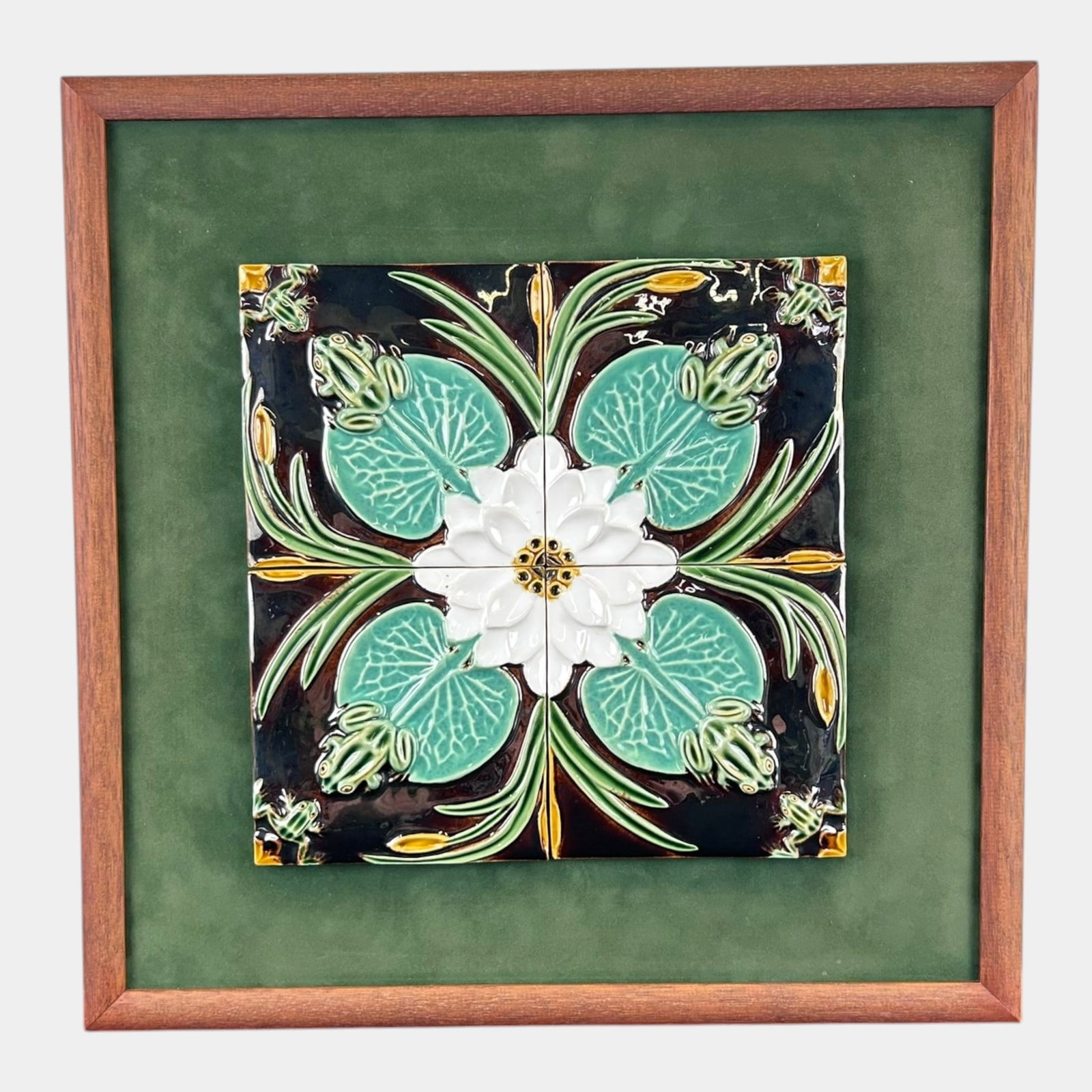 Contemporary Framed Floral Art Pottery Tile With White Blossom & Green Leaves Wall Hanging (1 of 2)