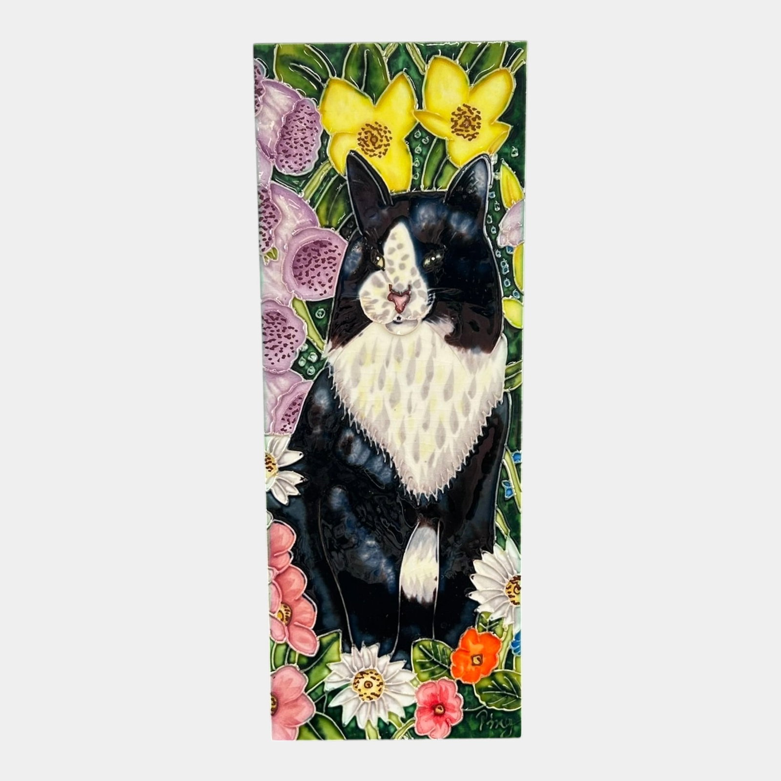 Contemporary Hand Glazed Black & White Tuxedo Cat Floral 16" Tall Ceramic Art Tile Wall Plaque: Professional, fast, and affordable in house shipping available for all items. For higher resolution images please visit bid.craftedauctions.com Contemporary Hand Glazed Black & White Tuxedo Cat Floral