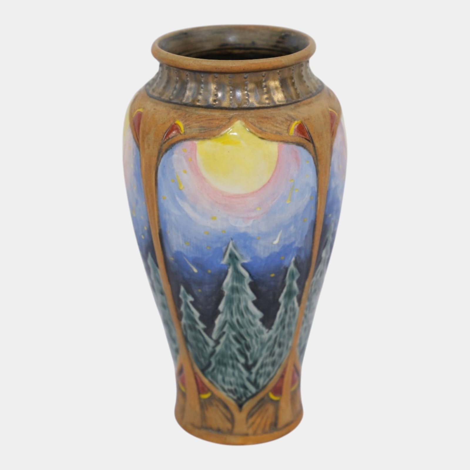 Calmwater Designs Stephanie Young Studio Art Pottery Ceramic Scenic Forest Moon Scene Vase: Professional, fast, and affordable in house shipping available for all items. For higher resolution images please visit bid.craftedauctions.com Calmwater Designs Stephanie Young Studio Art Pottery Cer
