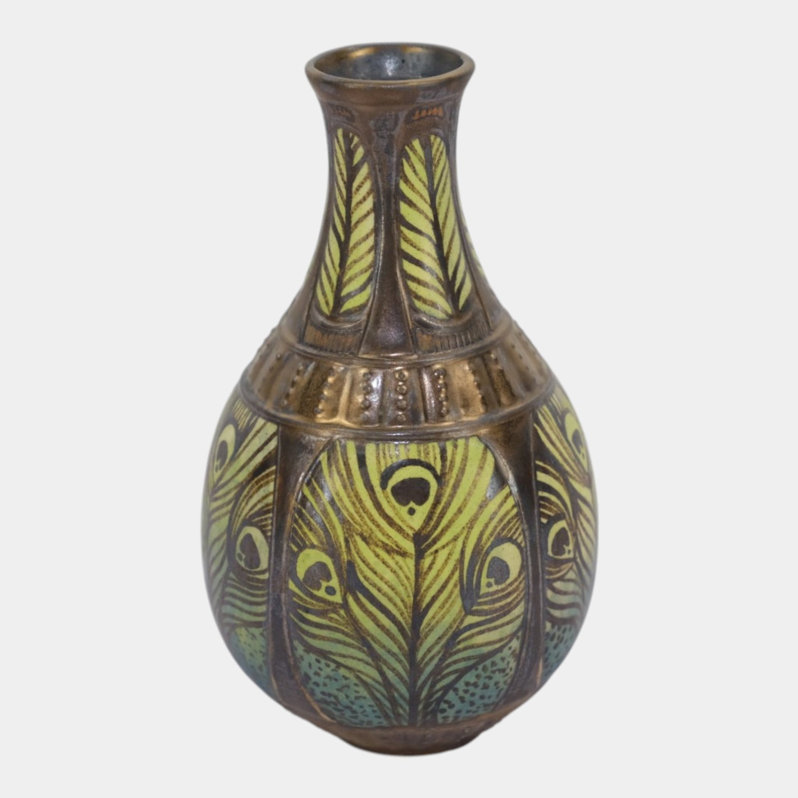 Calmwater Designs Stephanie Young Studio Art Nouveau Green Peacock Feather Pottery Vase: Professional, fast, and affordable in house shipping available for all items. For higher resolution images please visit bid.craftedauctions.com Calmwater Designs Stephanie Young Studio Art Nouveau Gre
