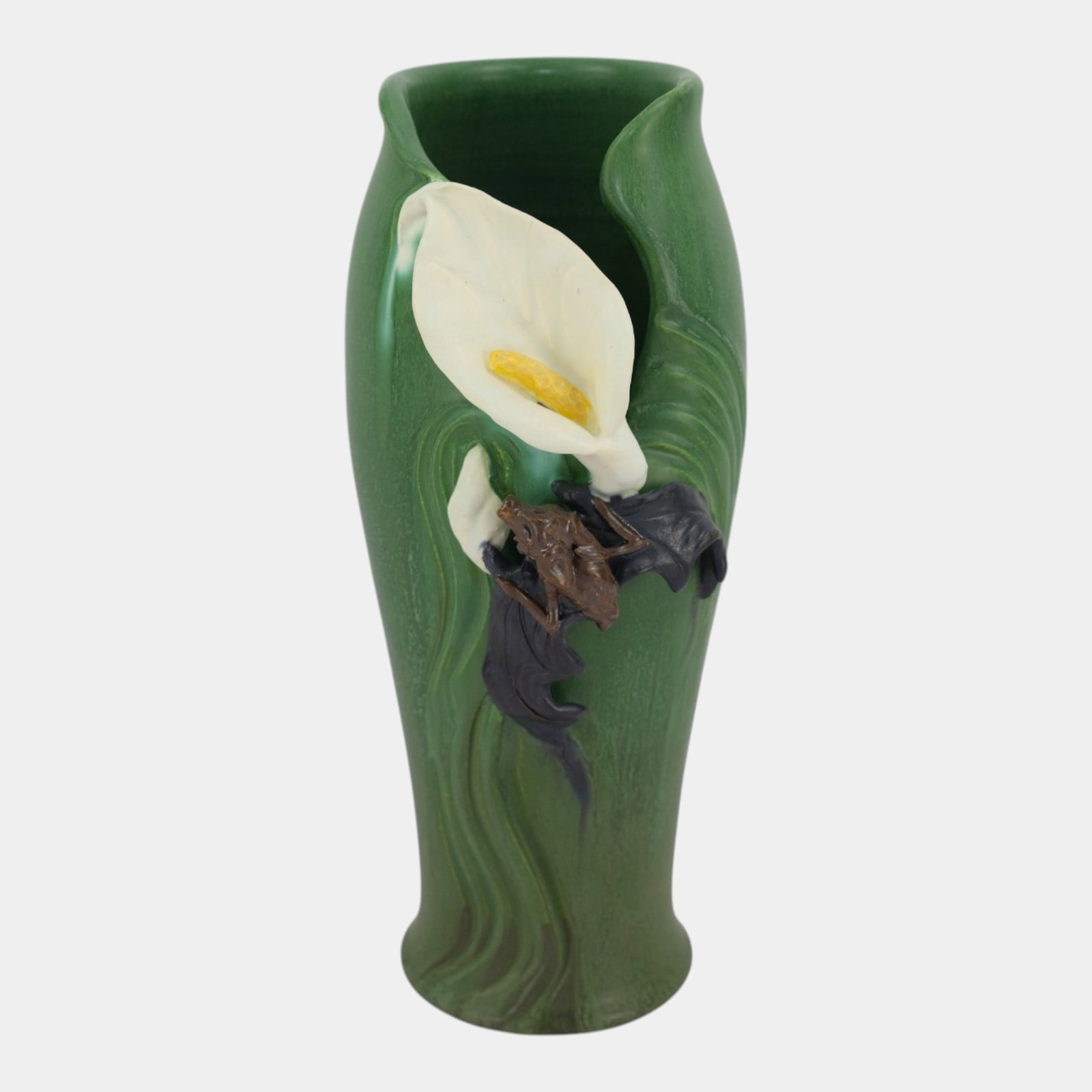 Ephraim Faience 2024 Experimental Art Pottery Green Calla Lily & Bat Vase: Professional, fast, and affordable in house shipping available for all items. For higher resolution images please visit bid.craftedauctions.com Ephraim Faience 2024 Experimental Art Pottery Green Call